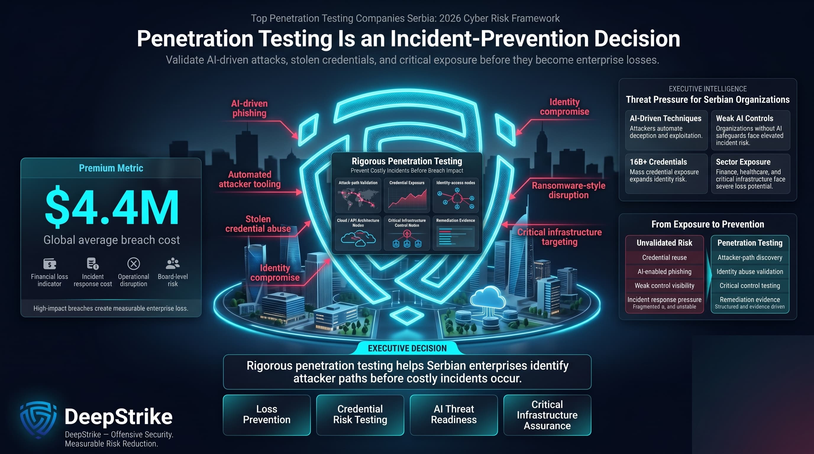 “A premium cybersecurity risk dashboard for Serbia shows a futuristic Belgrade enterprise environment protected by a glowing shield. A $4.4M breach cost metric appears on the left, while AI-driven attacks, stolen credentials, finance, healthcare, and critical infrastructure risks appear on the right. The lower-right corner is intentionally empty for watermark removal.”