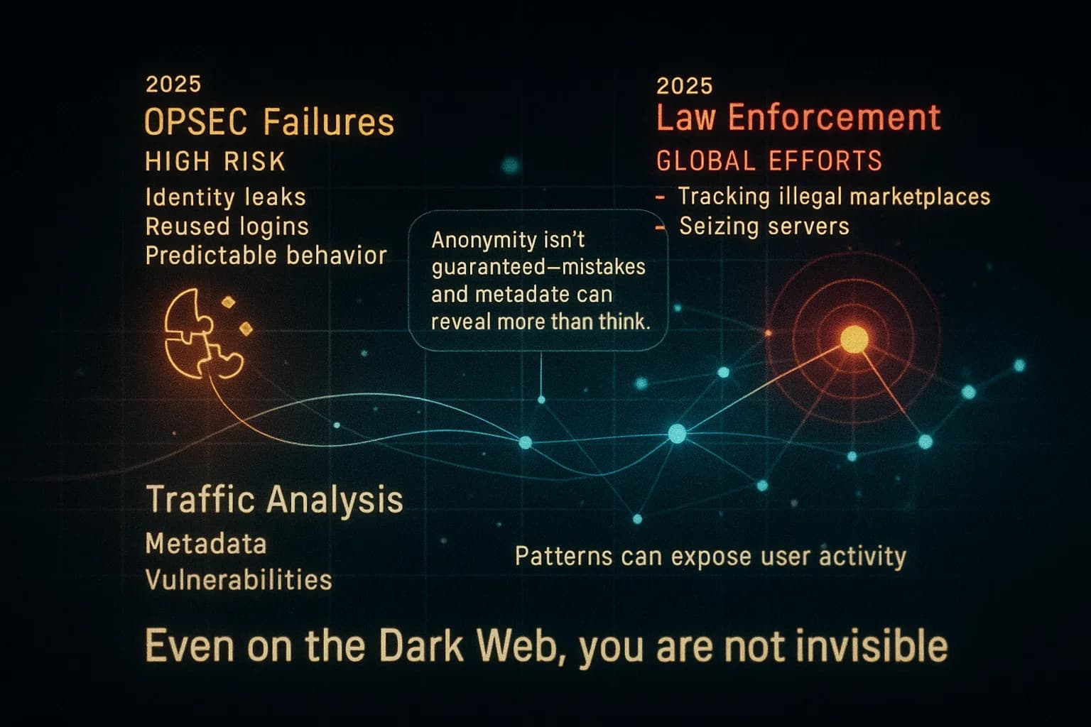 “A digital network map shows anonymous traffic streams alongside glowing tracked nodes, illustrating how Dark Web users can still be identified through mistakes or tracing techniques.”