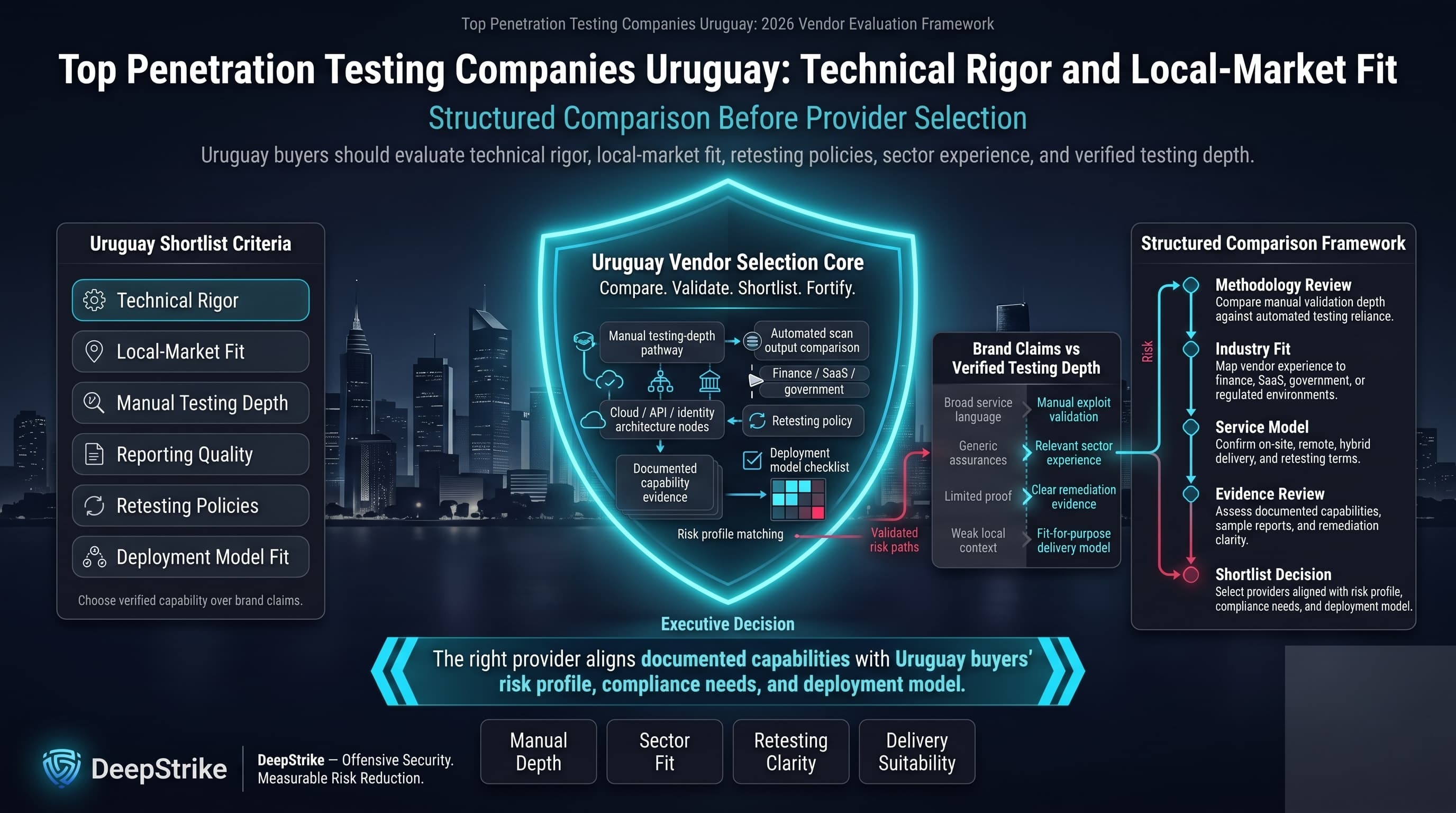 “A premium cybersecurity procurement dashboard for Uruguay shows a futuristic Montevideo enterprise environment protected by a glowing shield. Buyer criteria appear on the left, a structured provider comparison framework appears on the right, and decision tiles appear in the lower center. The lower-right corner is intentionally empty for watermark removal.”