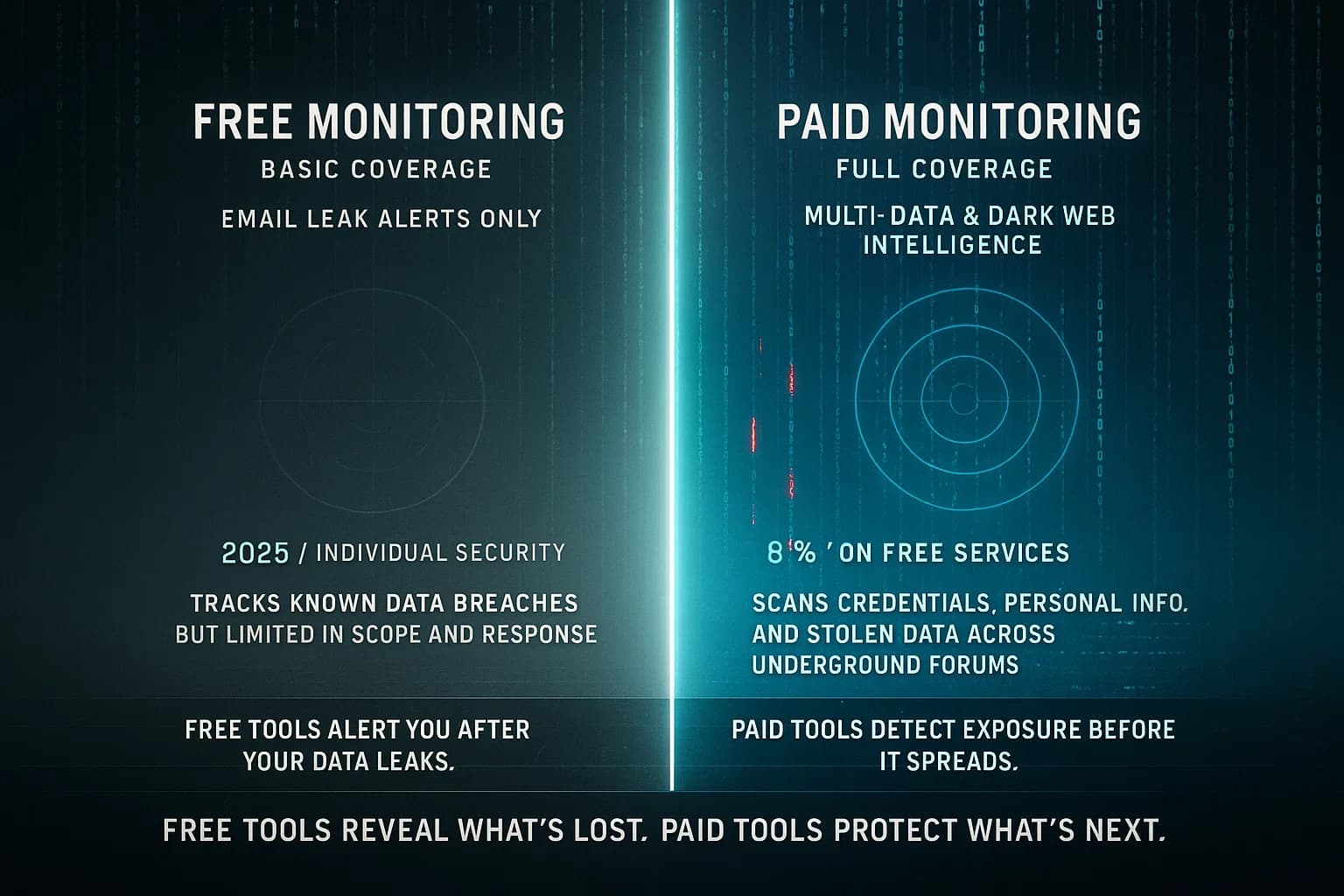 “A divided frame contrasts two digital worlds. On the left, faint radar scans miss incoming leaks — the limits of free tools. On the right, vibrant systems capture and block dark web threats in real time. Data flows merge at the center, symbolizing awareness and proactive protection.”