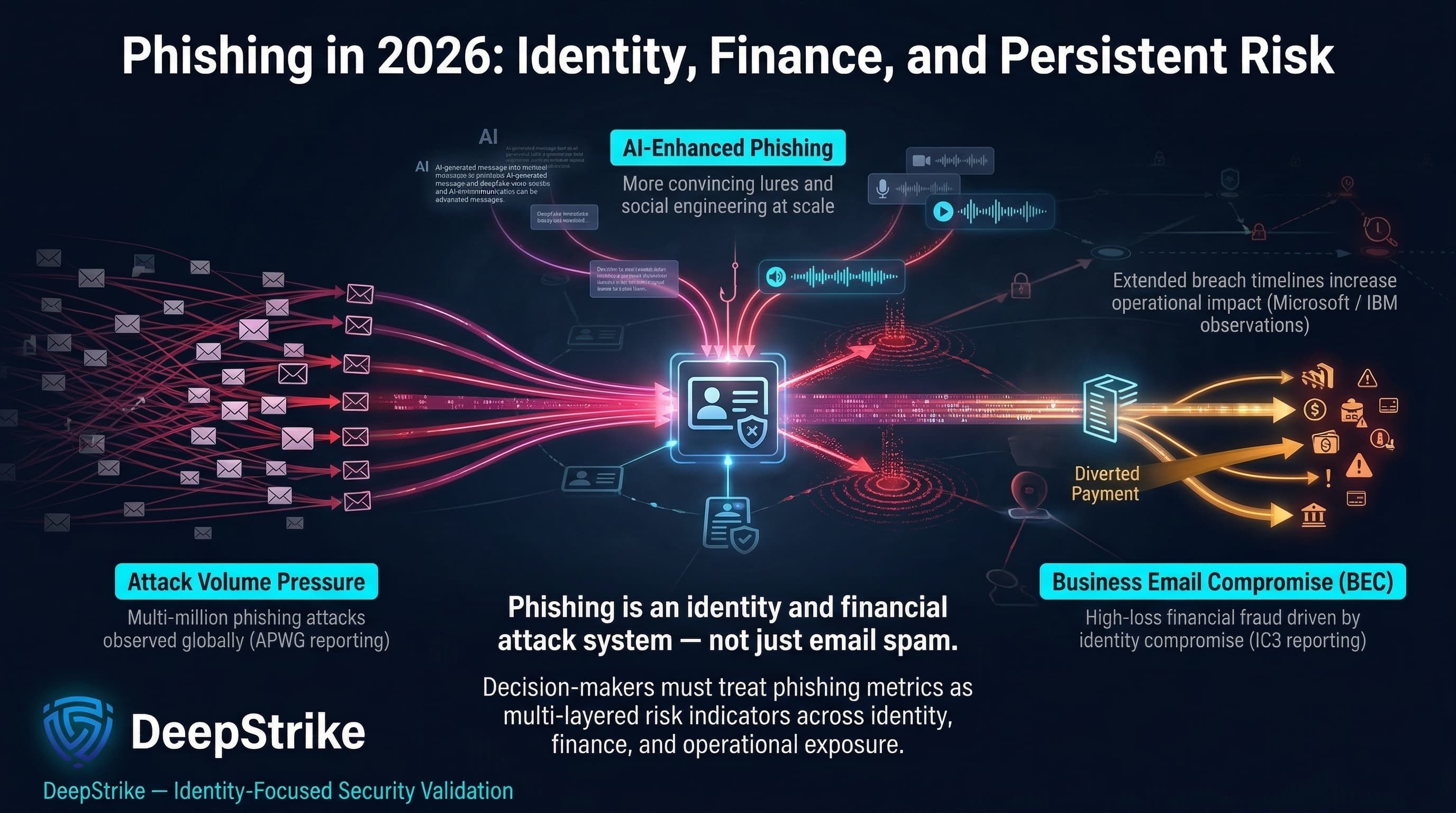 “A cybersecurity visualization shows a central digital identity node under phishing attack, with multiple vectors representing email campaigns, financial fraud, and AI-enhanced social engineering. The image highlights phishing as a complex identity and financial risk system.”