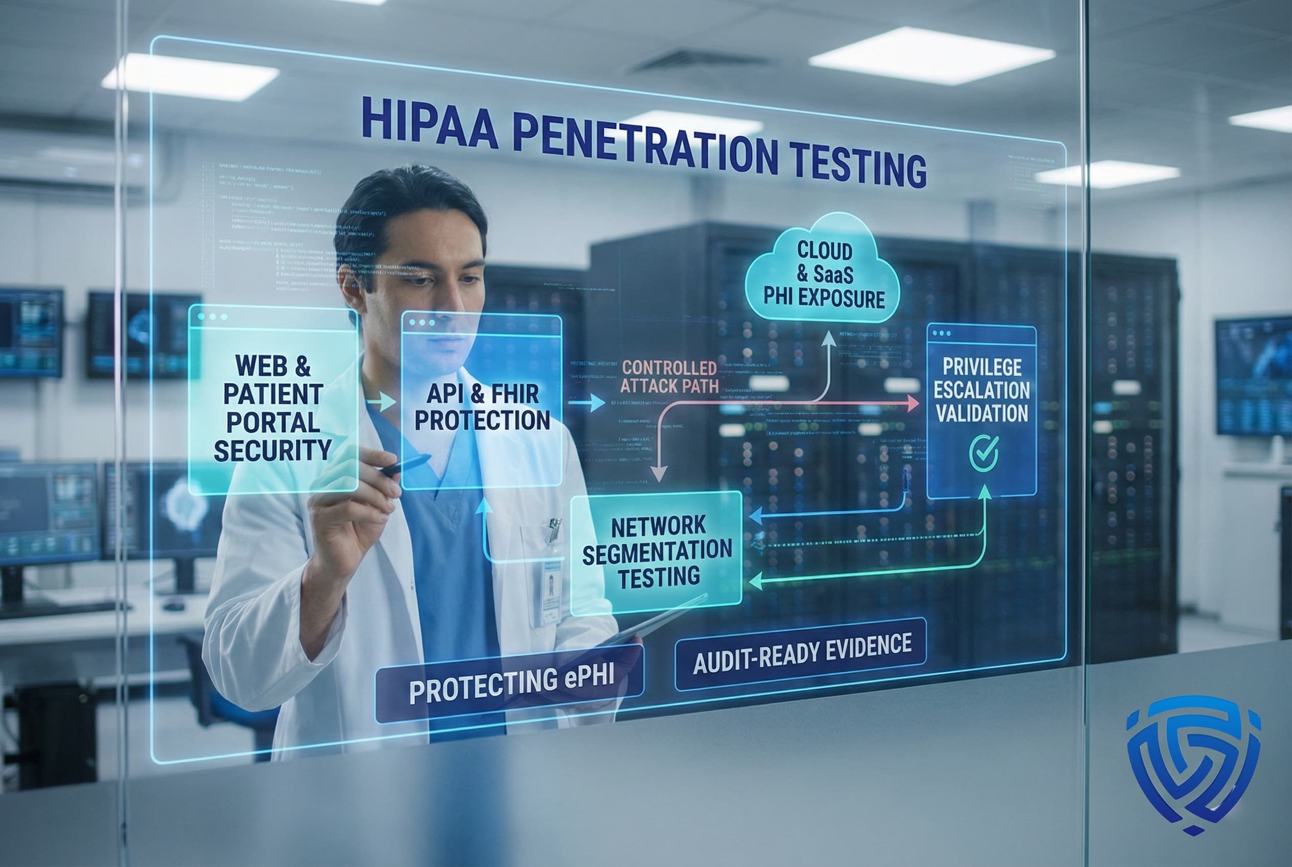 Healthcare security professional interacting with a digital dashboard illustrating HIPAA penetration testing, including web and patient portal security, API and FHIR protection, network segmentation testing, controlled attack paths, privilege escalation validation, and cloud-based PHI exposure management.
