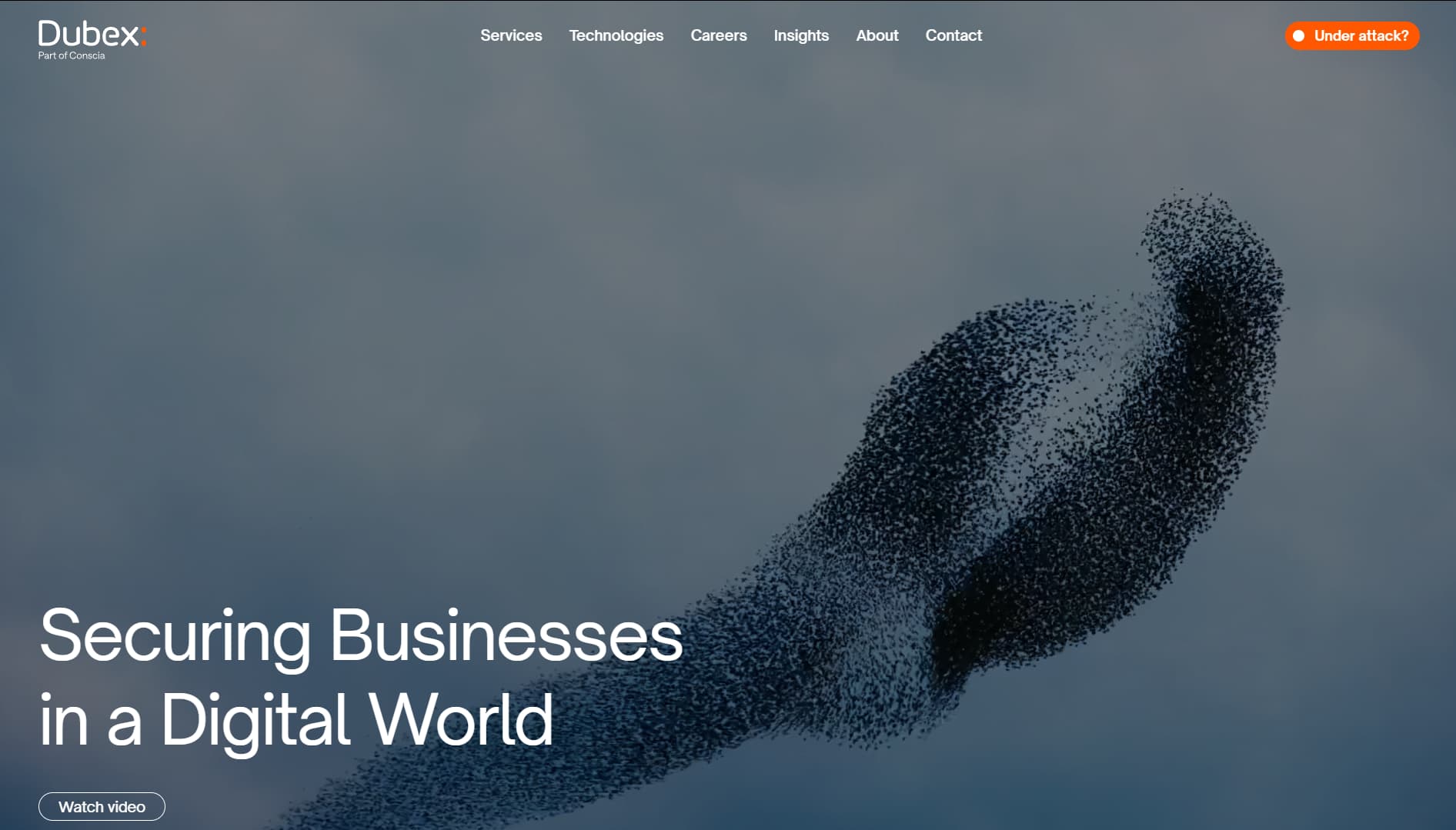 Screenshot of Dubex homepage with the tagline ‘Securing Businesses in a Digital World,’ representing Danish cybersecurity services for enterprises.