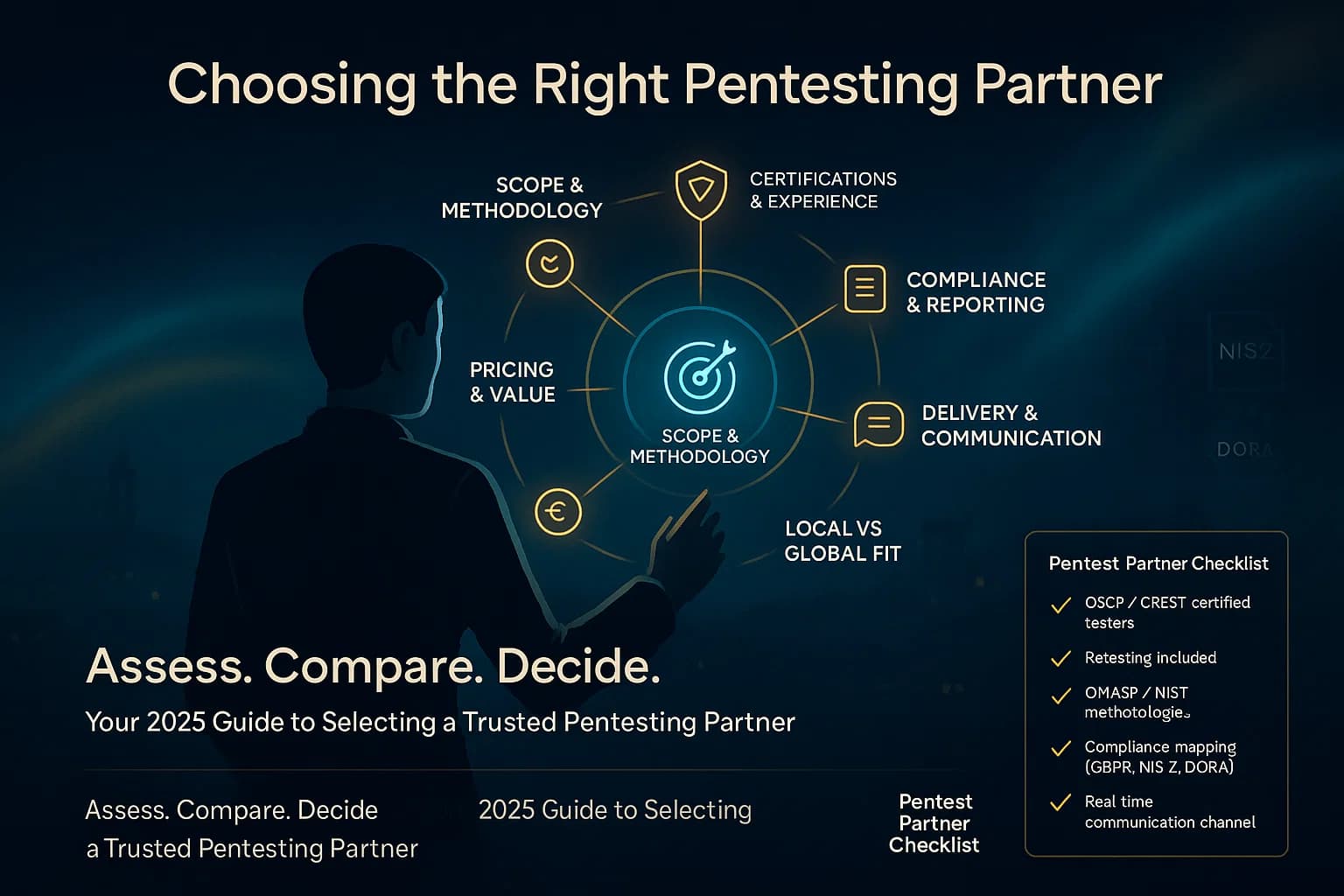 Digital illustration of a cybersecurity professional interacting with a holographic circular decision interface labeled with factors for choosing a penetration testing provider, symbolizing structured vendor evaluation.