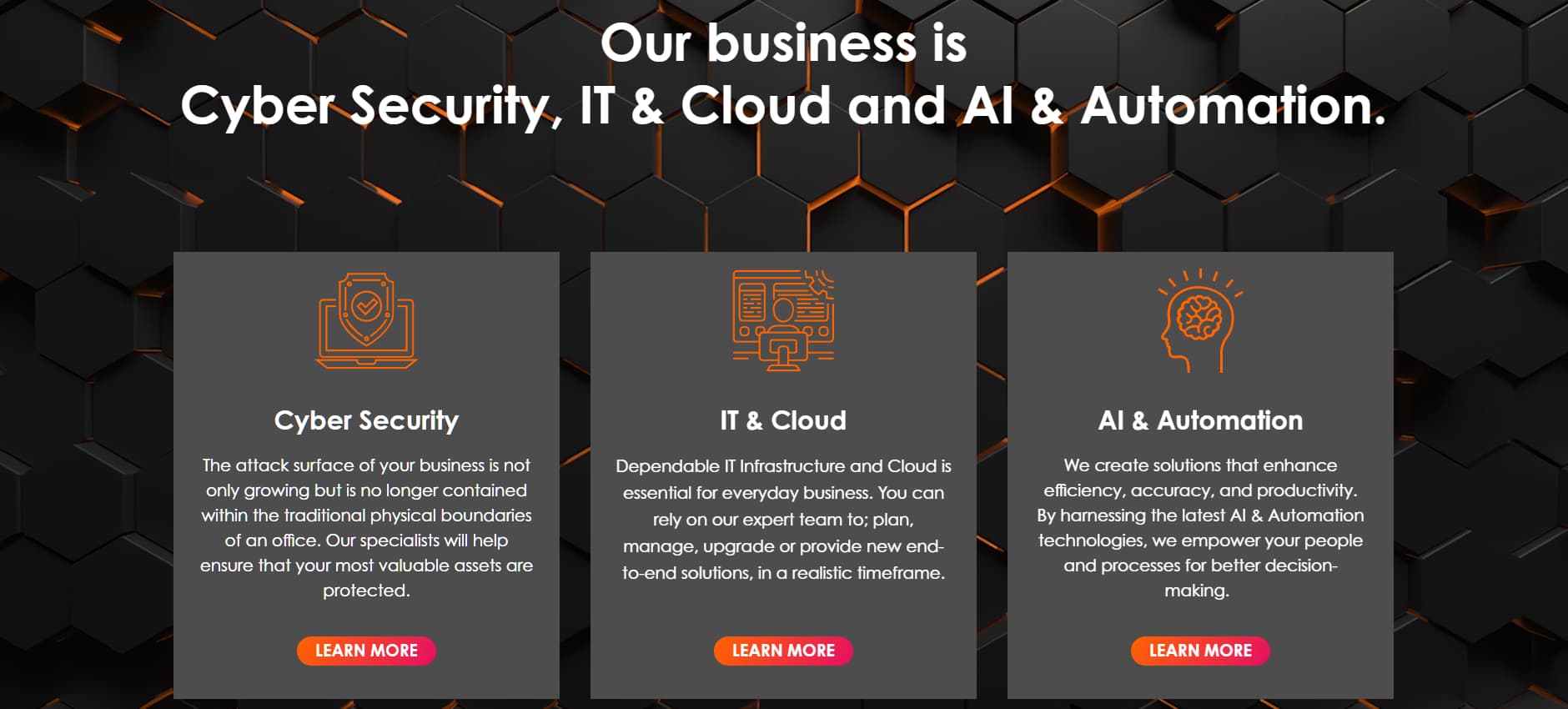 "Australian cybersecurity provider homepage section highlighting Cyber Security (asset protection), IT & Cloud (infrastructure and end-to-end solutions), and AI & Automation (efficiency and decision-making) as core services."