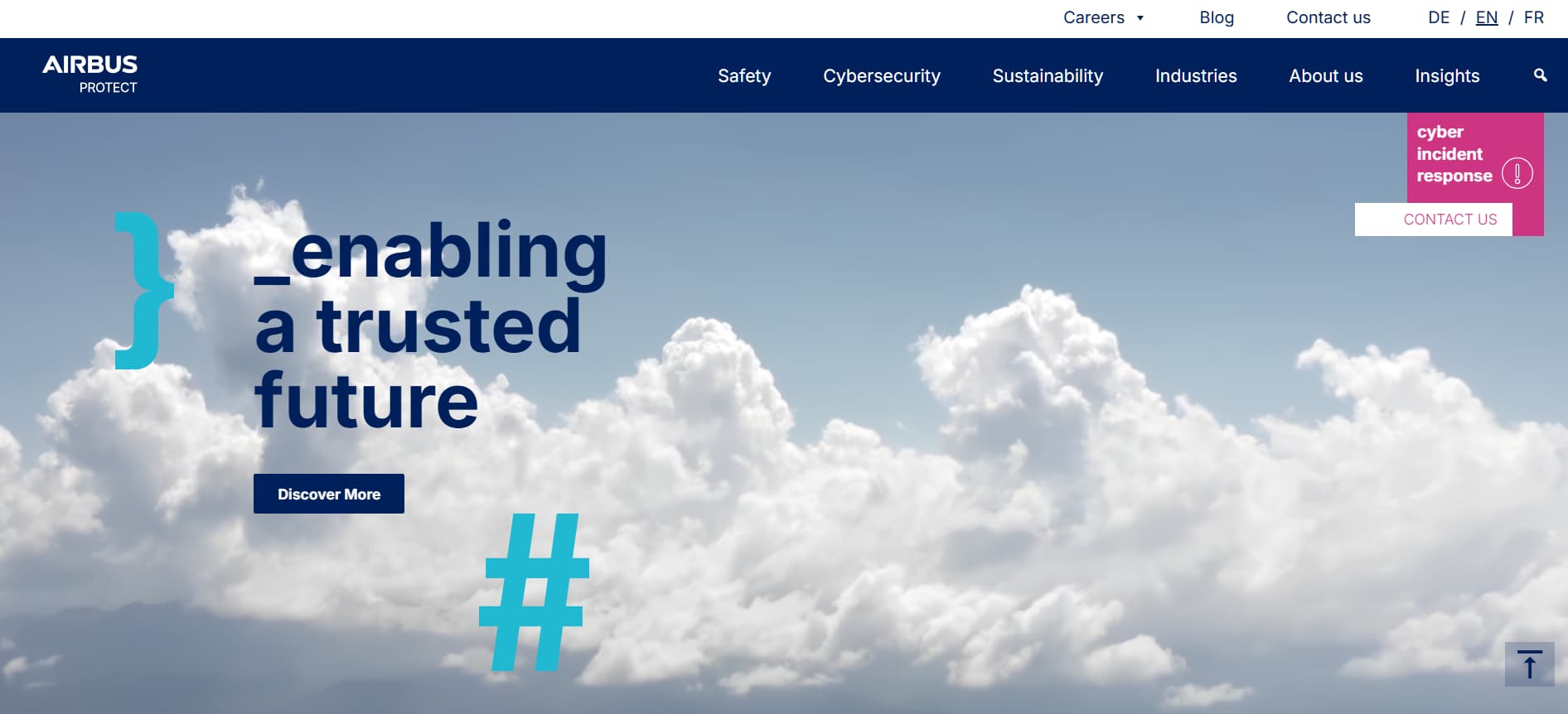 Alt text: Blue and white corporate banner with clouds in the background and the phrase “_enabling a trusted future,” plus navigation links for safety, cybersecurity, sustainability, and industries.