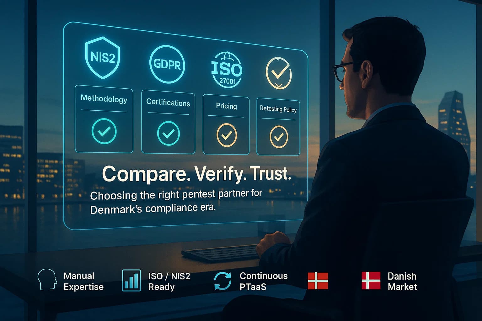 Cybersecurity professional in Copenhagen analyzing holographic vendor dashboards comparing penetration testing providers by certifications, methodology, and compliance readiness.