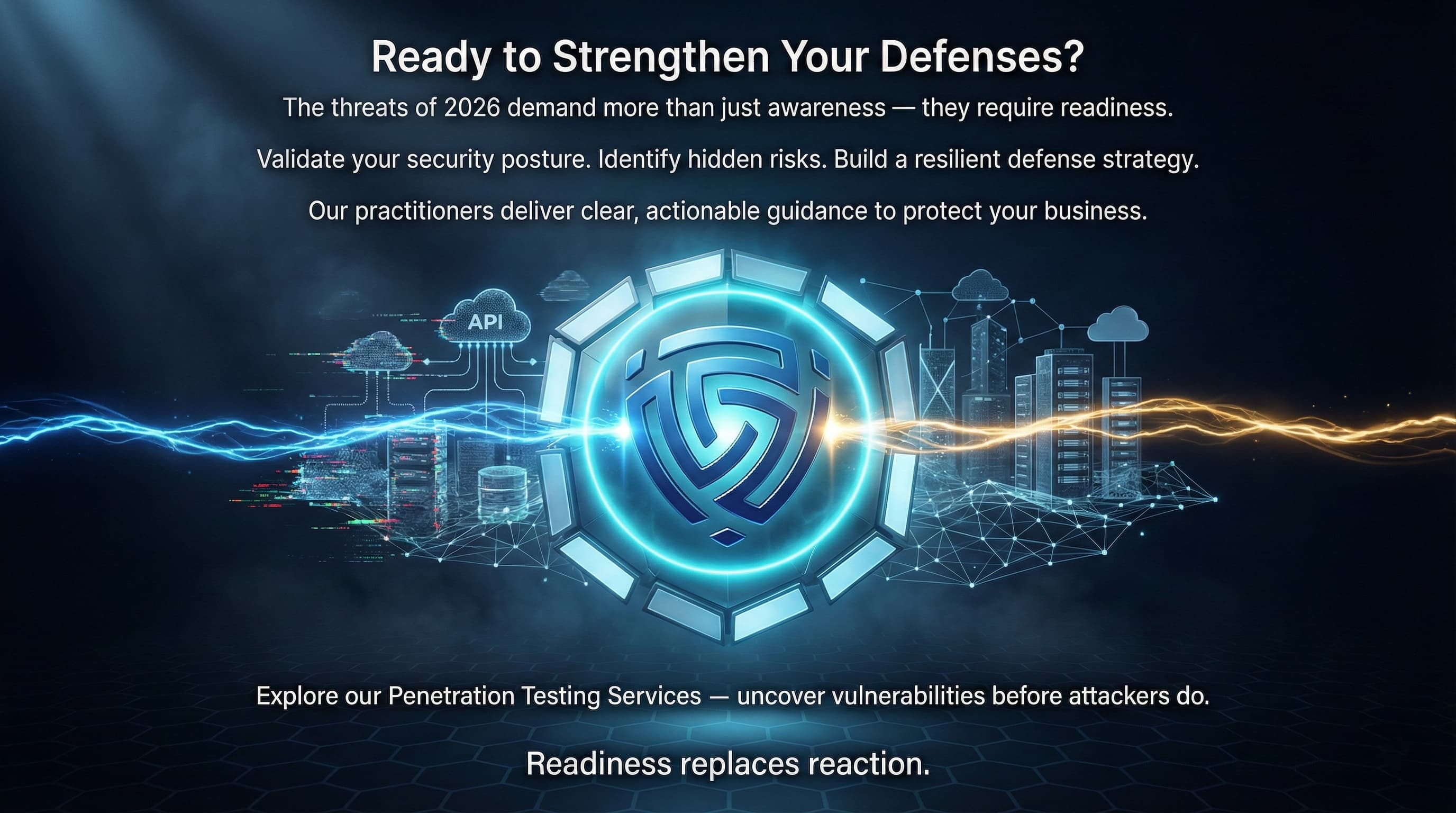“A dark futuristic digital skyline appears under deep blue tones as the DeepStrike logo sits at the center of a glowing hexagonal shield. Blue and amber energy streams merge into the logo, activating the shield and stabilizing digital infrastructure behind it. Text overlays emphasize cybersecurity readiness in 2026 and proactive penetration testing.”