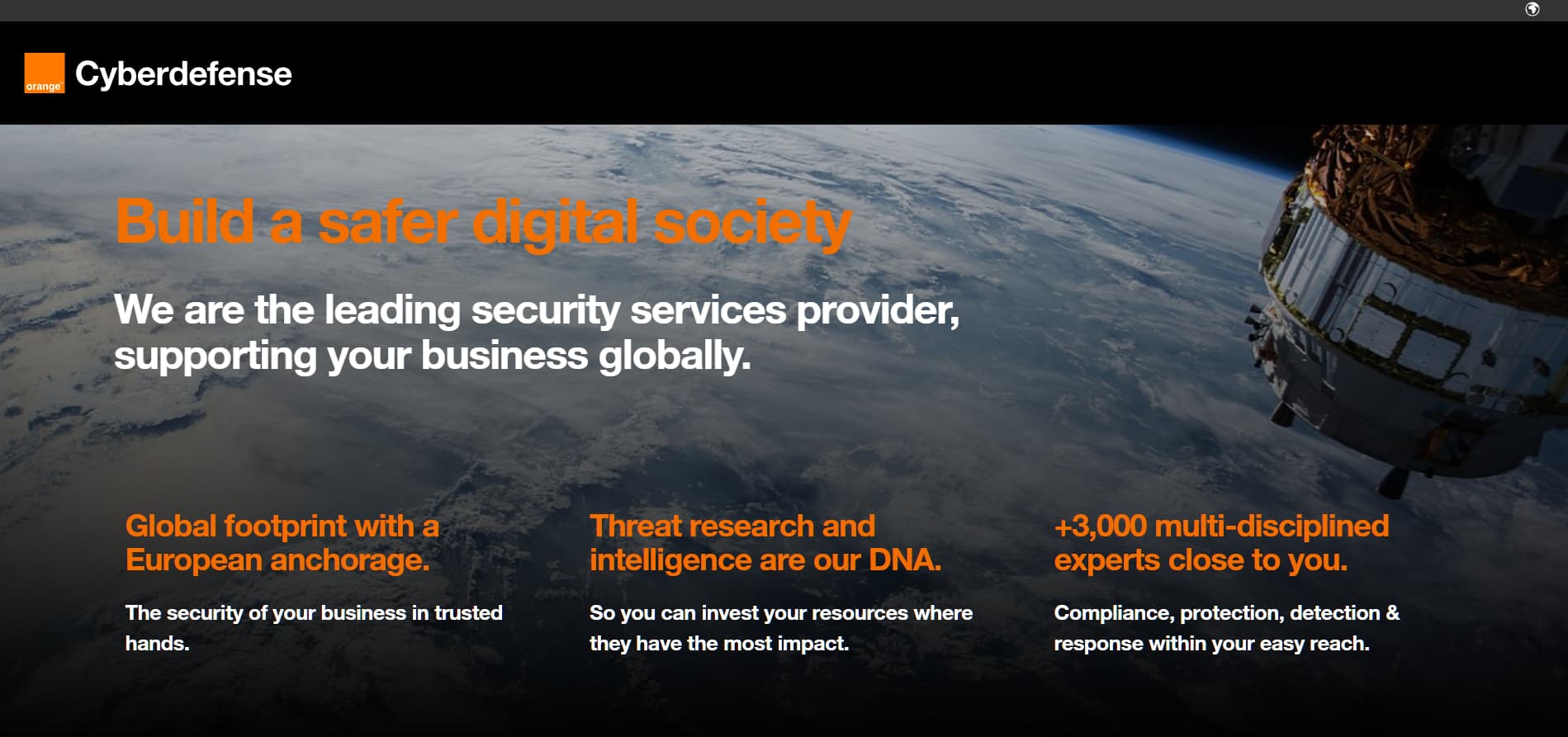 Alt text: Space-themed banner with Earth viewed from orbit and the headline “Build a safer digital society,” accompanied by text about global security services and multi-disciplined experts.