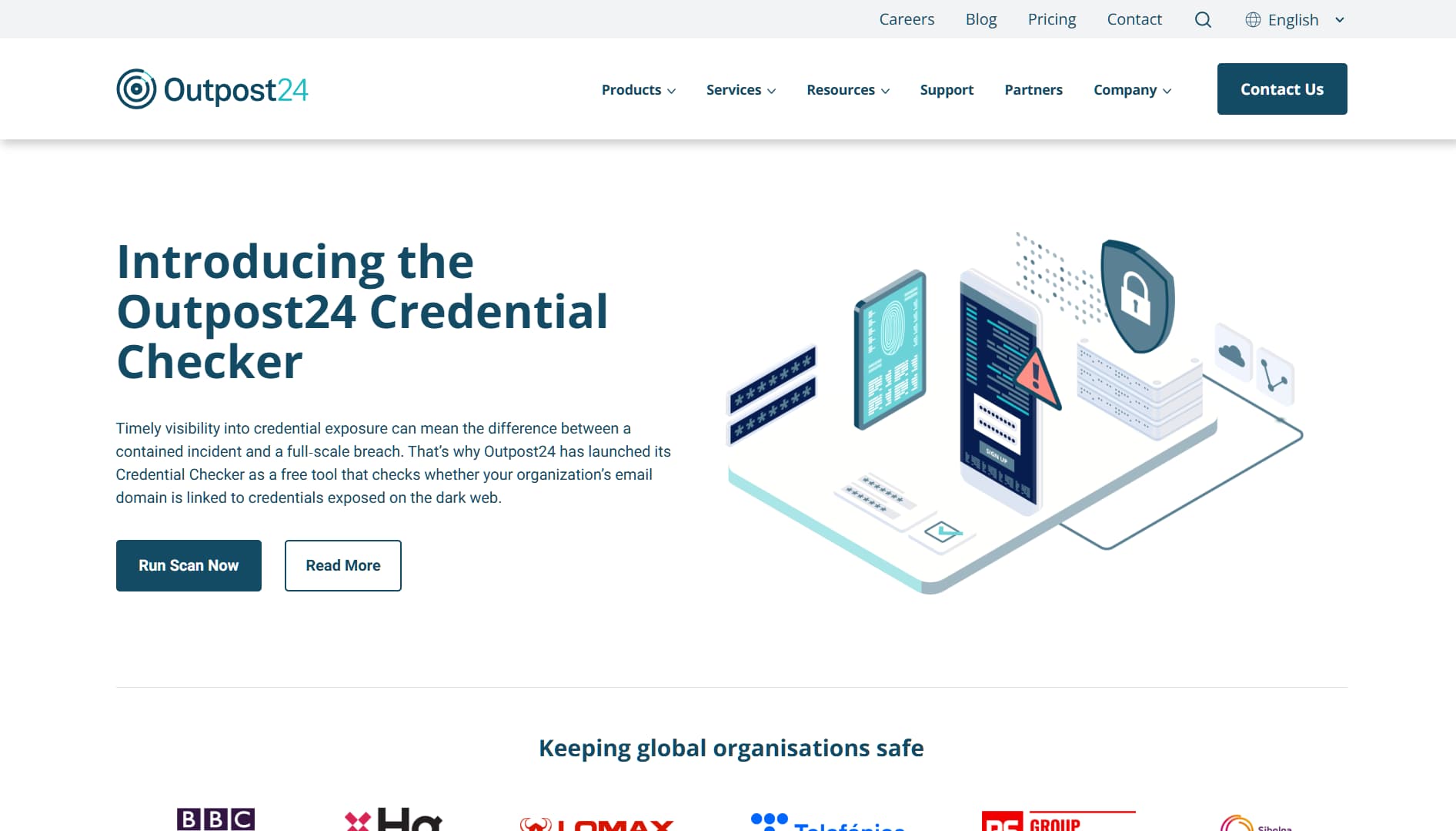 Screenshot of Outpost24 homepage introducing the Credential Checker tool for detecting exposed credentials on the dark web, featuring cybersecurity service links and client logos