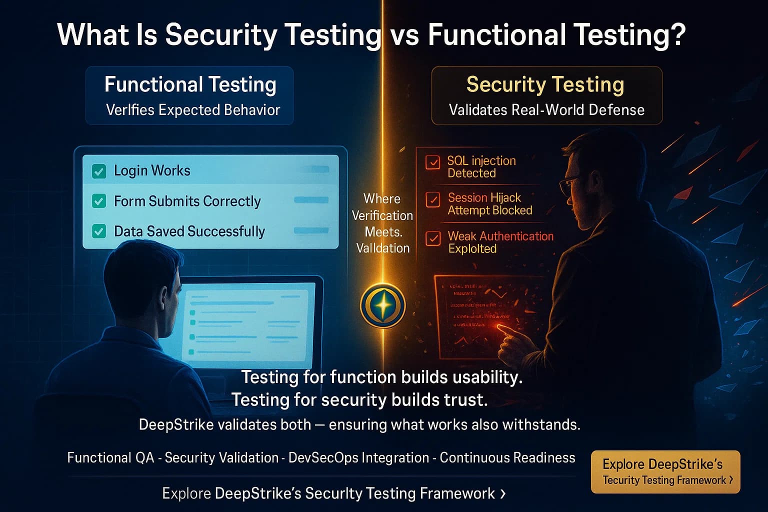 Digital illustration comparing functional testing (QA interface with green checks) and security testing (cyber analyst probing for vulnerabilities) divided by a glowing gold line, representing DeepStrike’s integrated validation approach.