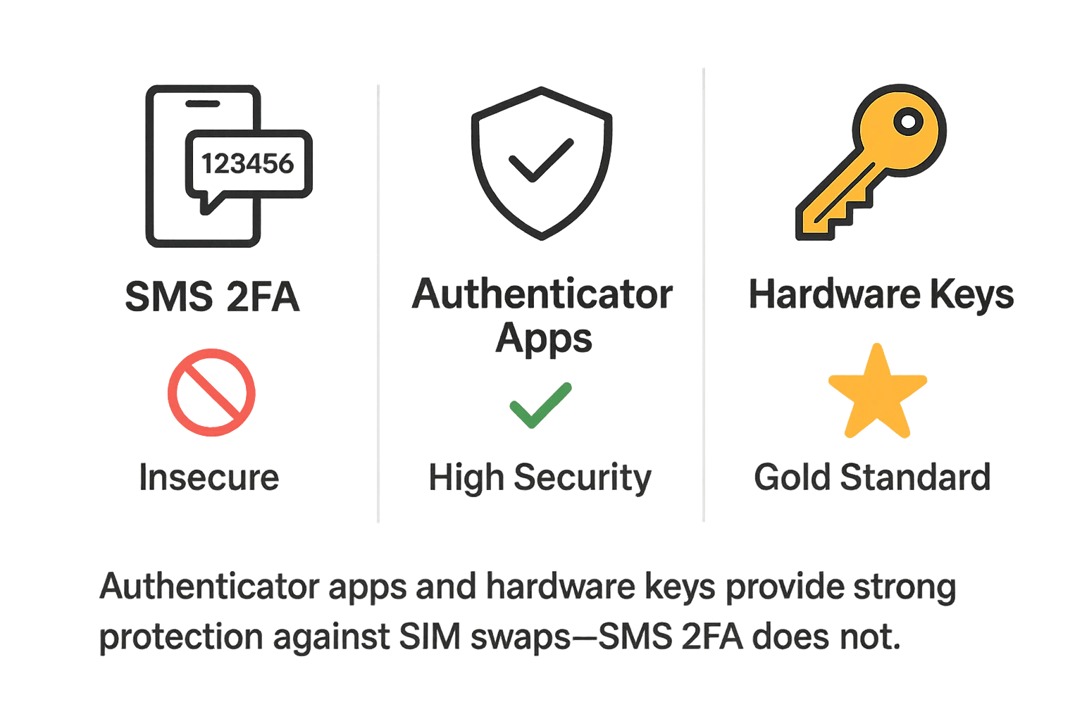 Comparison graphic showing SMS 2FA as insecure, authenticator apps as high security, and hardware keys/passkeys as gold standard.