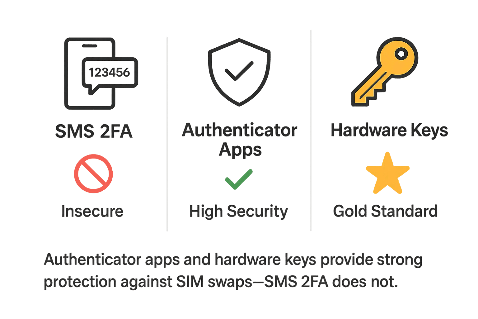 Comparison graphic showing SMS 2FA as insecure, authenticator apps as high security, and hardware keys/passkeys as gold standard.