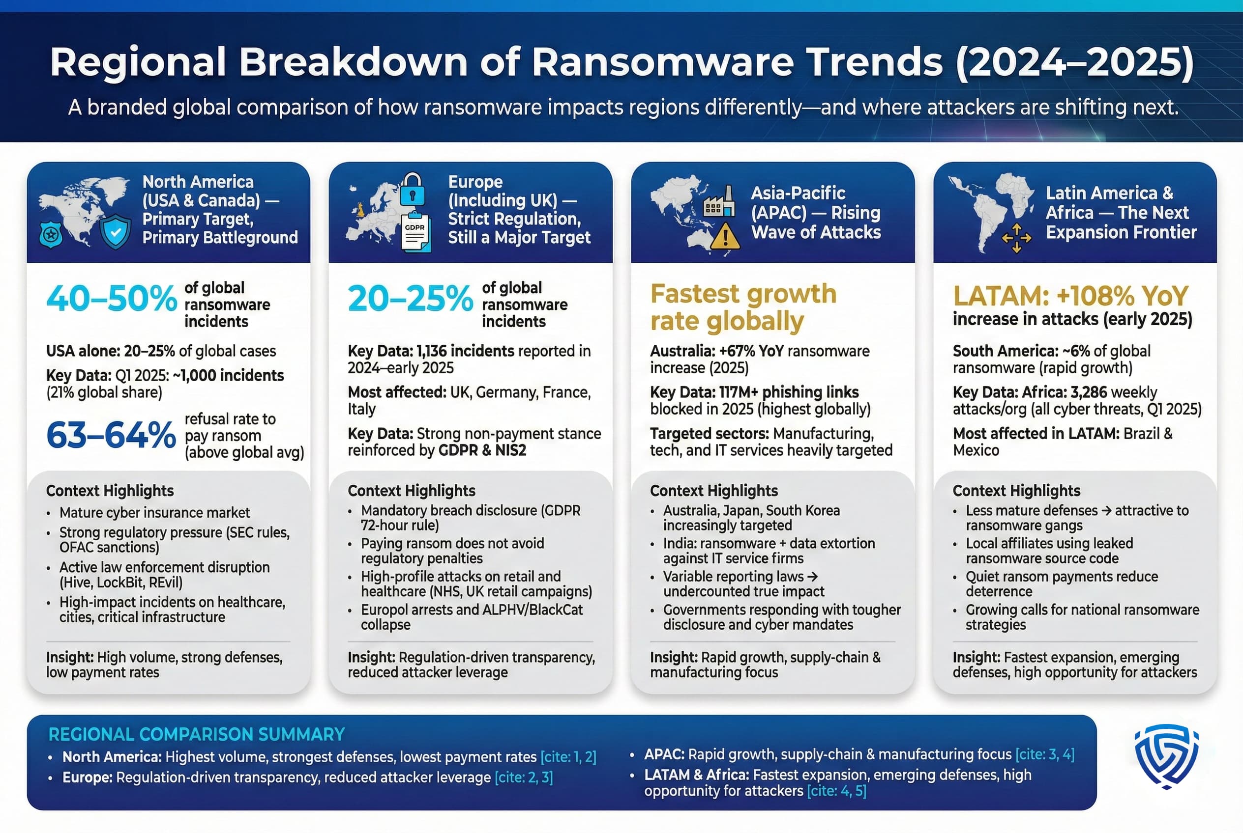Infographic comparing ransomware impact by region, showing North America as the primary target, Europe affected under strict regulation, Asia-Pacific experiencing fastest growth, and Latin America and Africa emerging as high-growth expansion regions.