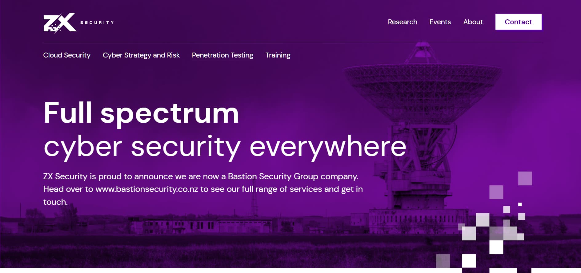 ZX Security full spectrum cybersecurity services homepage with purple theme and satellite dish background