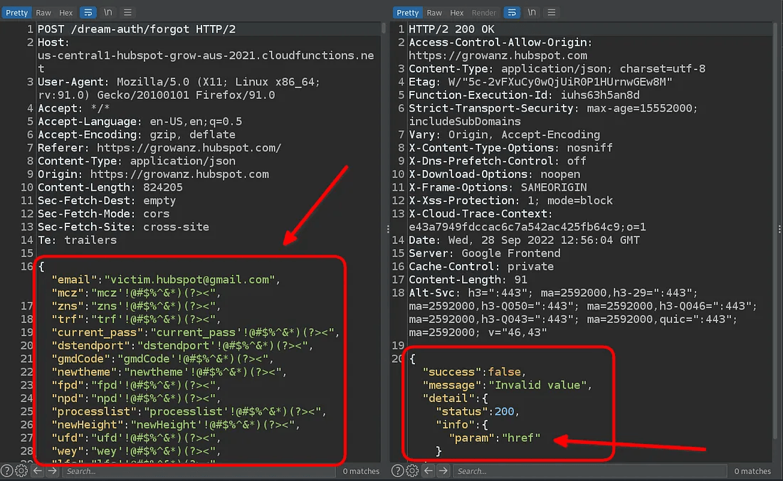 A two-panel screenshot depicting a parameter fuzzing attempt. The left panel shows an HTTP POST request with a large number of potential parameters being tested. The right panel shows an error response from the server, specifically identifying the "href" parameter as having an "Invalid value".