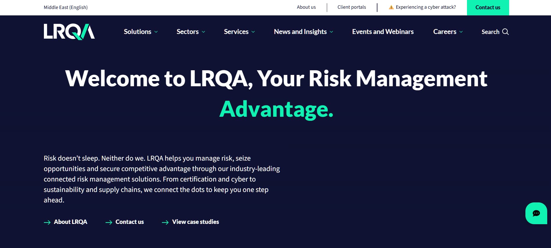 “LRQA homepage with dark blue background, headline ‘Welcome to LRQA, Your Risk Management Advantage,’ and navigation for solutions, services, and insights.”
