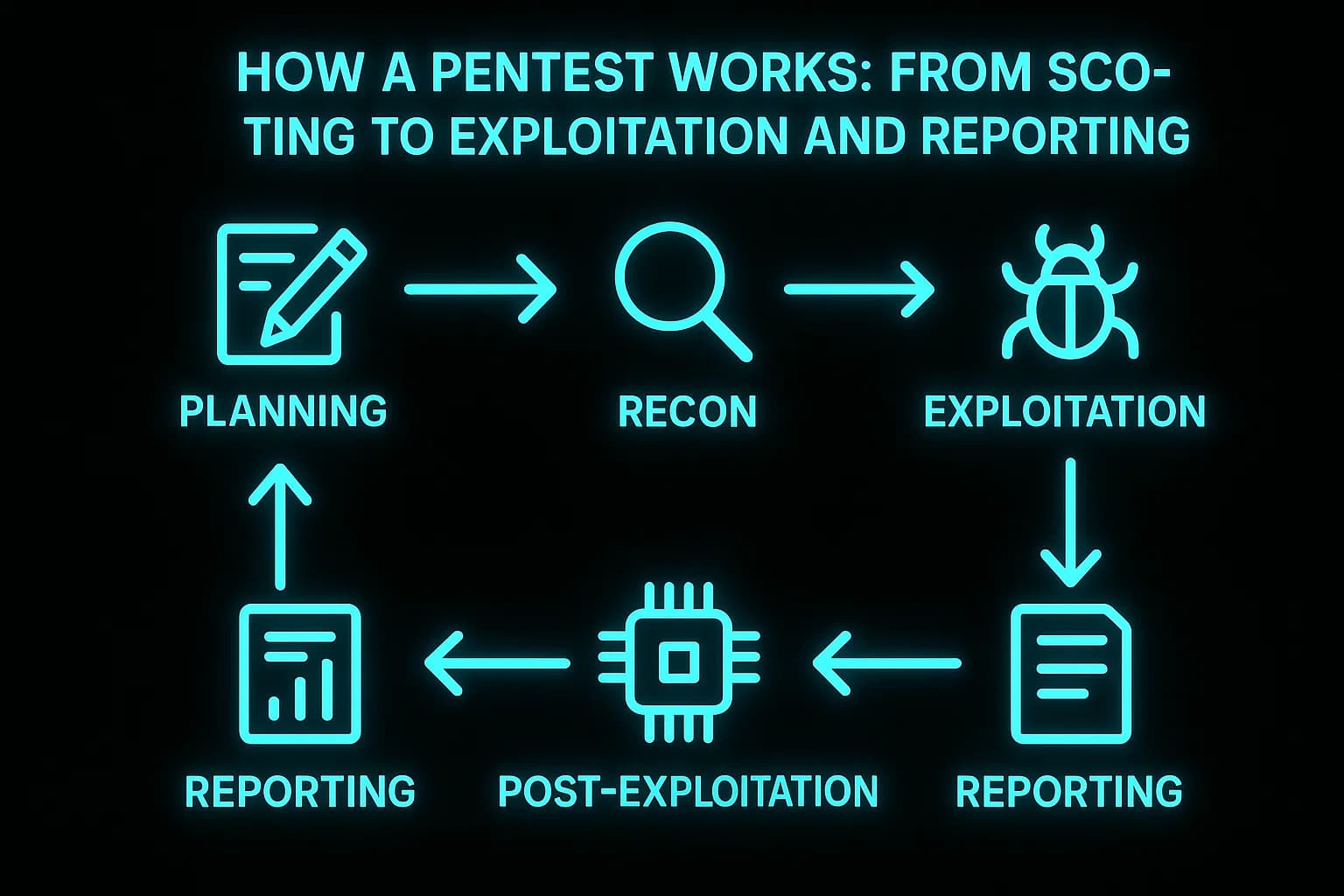 Flowchart showing key stages of a penetration test, including planning, reconnaissance, exploitation, post-exploitation, and reporting.