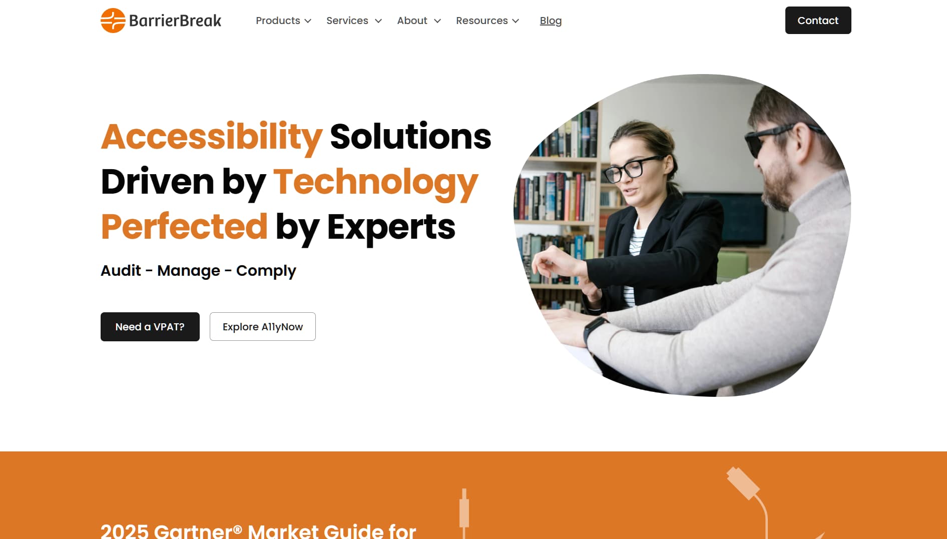 Website banner for BarrierBreak featuring a woman assisting a visually impaired person, with text emphasizing accessibility technology and compliance services.
