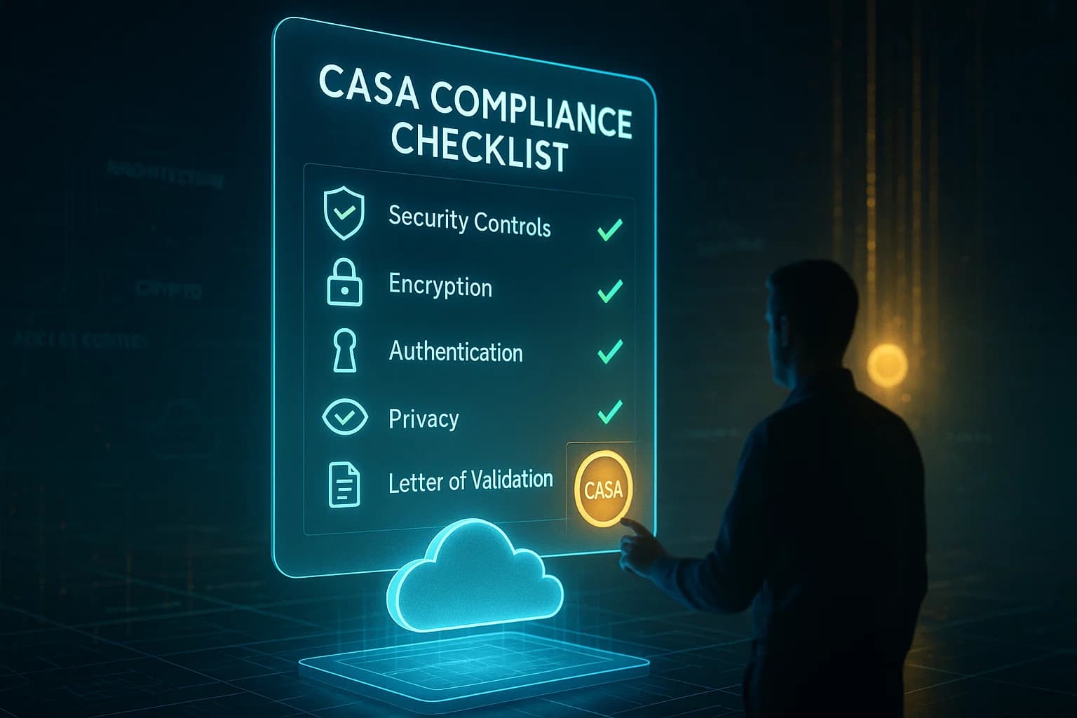 “Holographic digital checklist with security icons glowing above a cloud application, symbolizing CASA compliance readiness.”