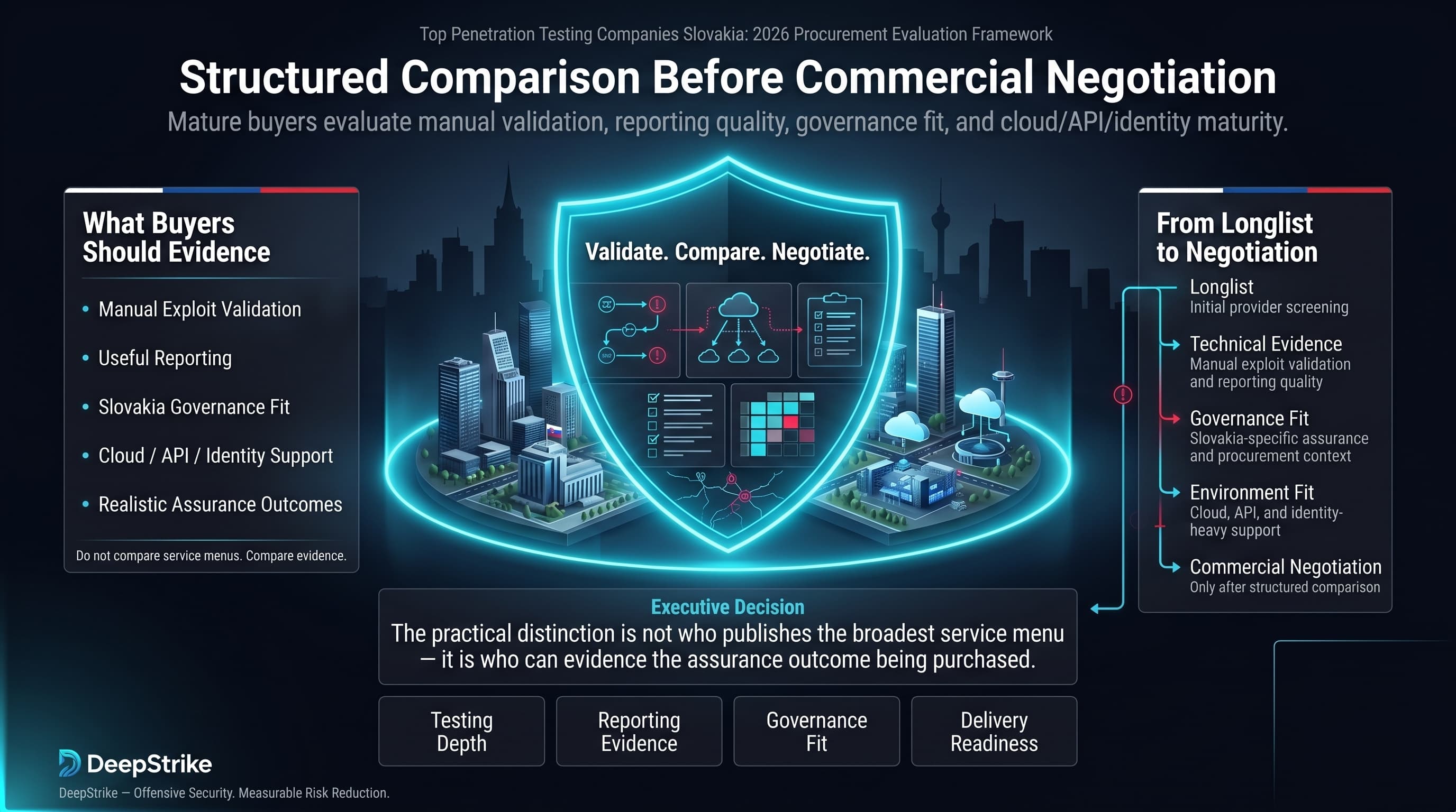 “A premium cybersecurity procurement dashboard for Slovakia shows a glowing shield around a futuristic Bratislava enterprise environment. Buyer evaluation criteria appear on the left, a longlist-to-commercial-negotiation flow appears on the right, and procurement decision tiles appear in the lower center. The lower-right corner is intentionally empty for watermark removal.”