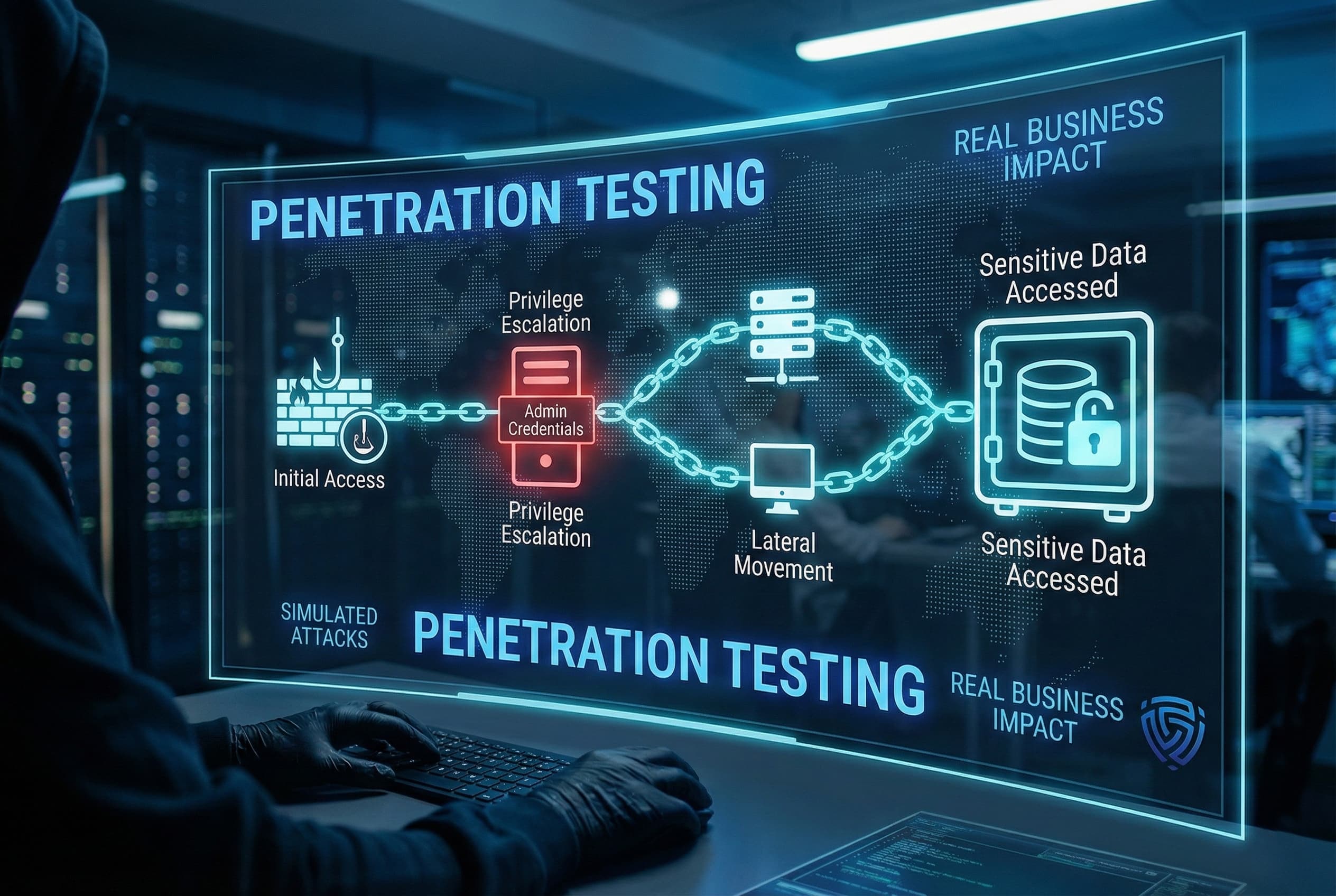 An attack simulation diagram showing how penetration testing validates risk by chaining vulnerabilities into real compromise scenarios, highlighting data access, privilege escalation, and measurable business impact.