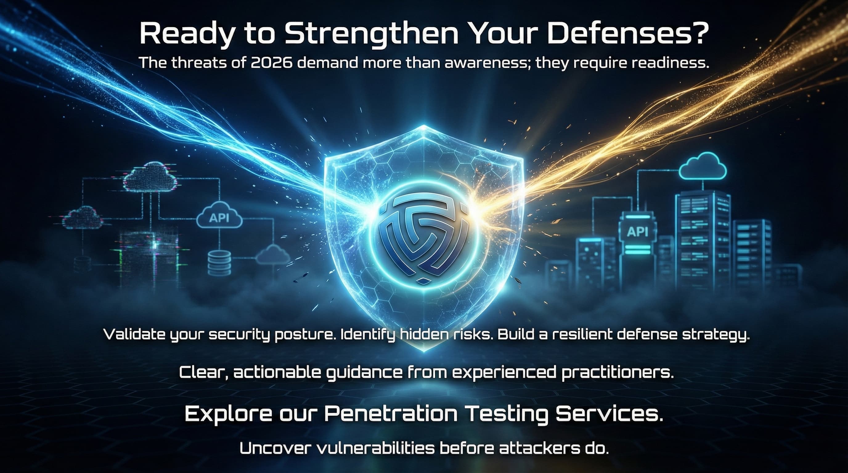 “A cinematic dark-blue digital landscape shows the DeepStrike logo embedded at the center of a glowing hexagonal shield. Blue and amber energy streams merge into the logo, activating the shield and stabilizing surrounding cloud and network structures. Text overlays emphasize readiness in 2026 and proactive penetration testing to uncover vulnerabilities before attackers do.”