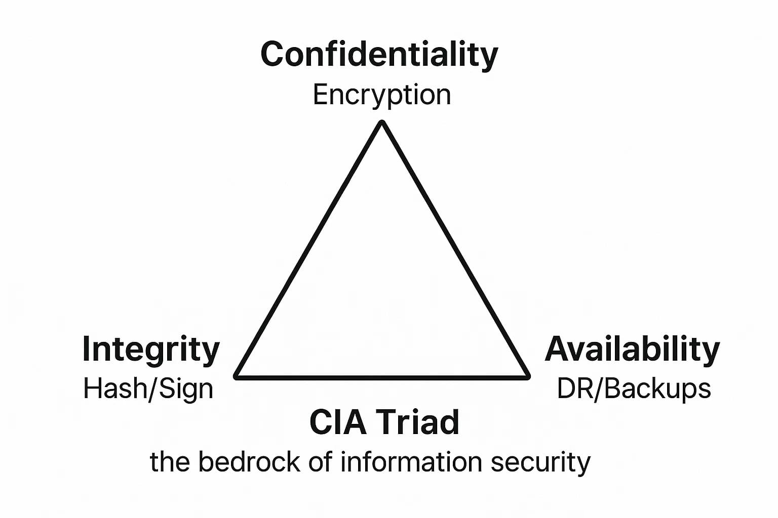 Triangle diagram labeling confidentiality, integrity, and availability with example controls for each.