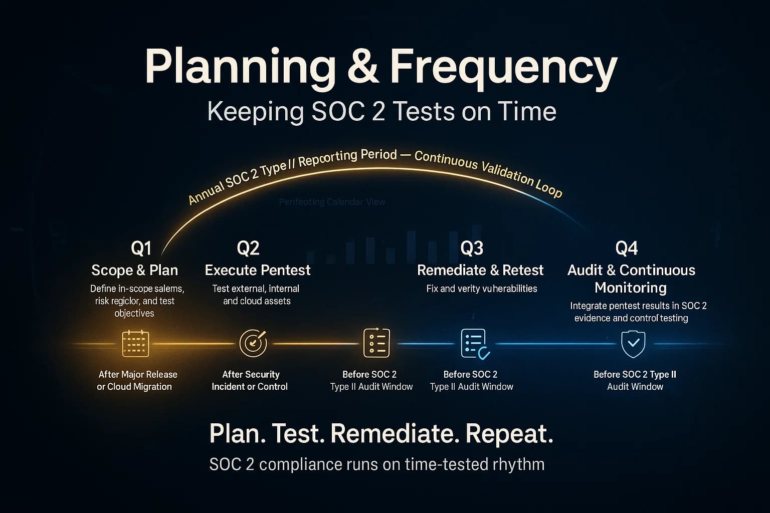 Infographic of a 12-month timeline highlighting key SOC 2 penetration testing stages (planning, testing, remediation, audit) with recurring loops representing annual frequency and continuous monitoring.