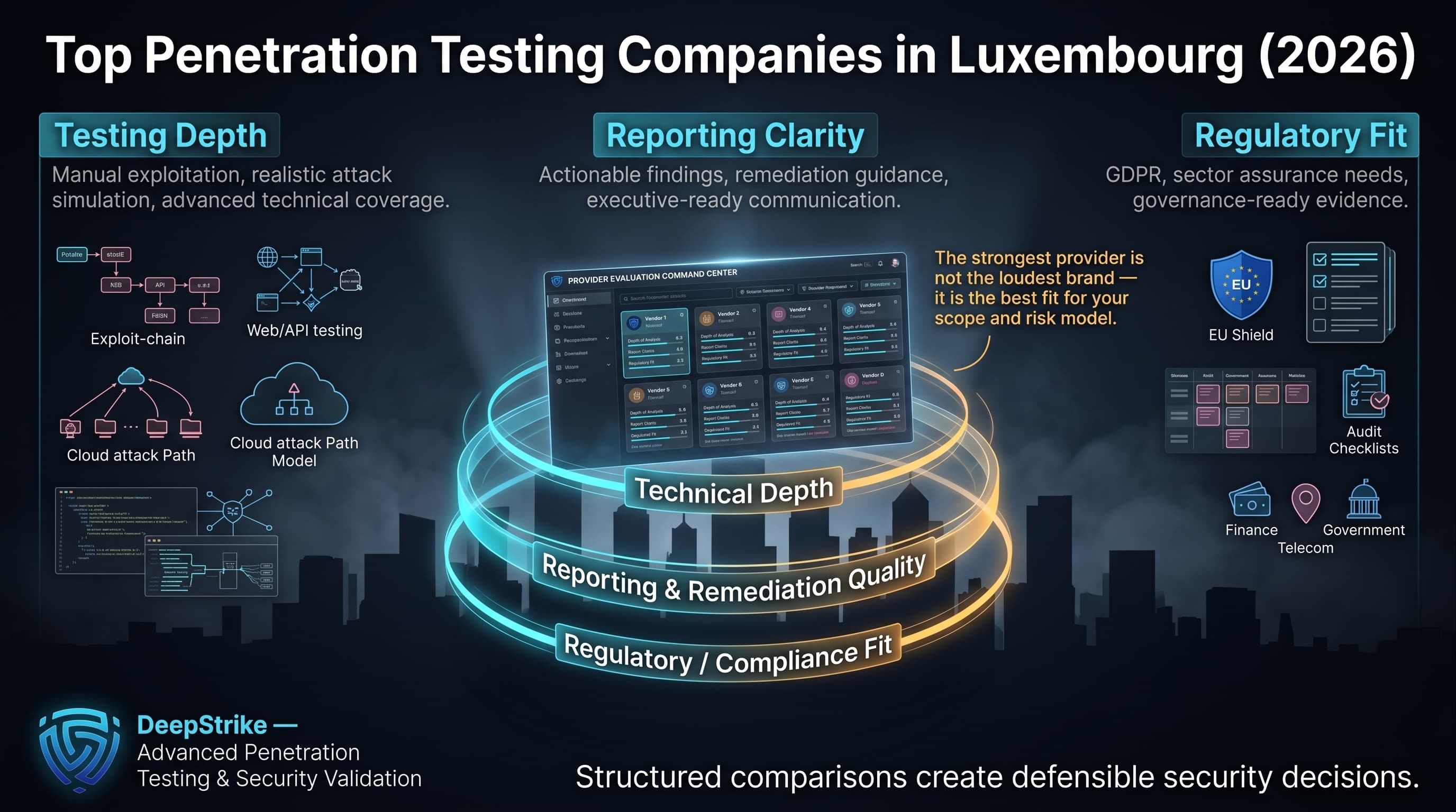 “A premium cybersecurity dashboard compares penetration testing providers in Luxembourg across testing depth, reporting quality, and regulatory fit. Vendor scorecards float above a dark financial skyline while DeepStrike branding appears isolated in the lower-left corner.”