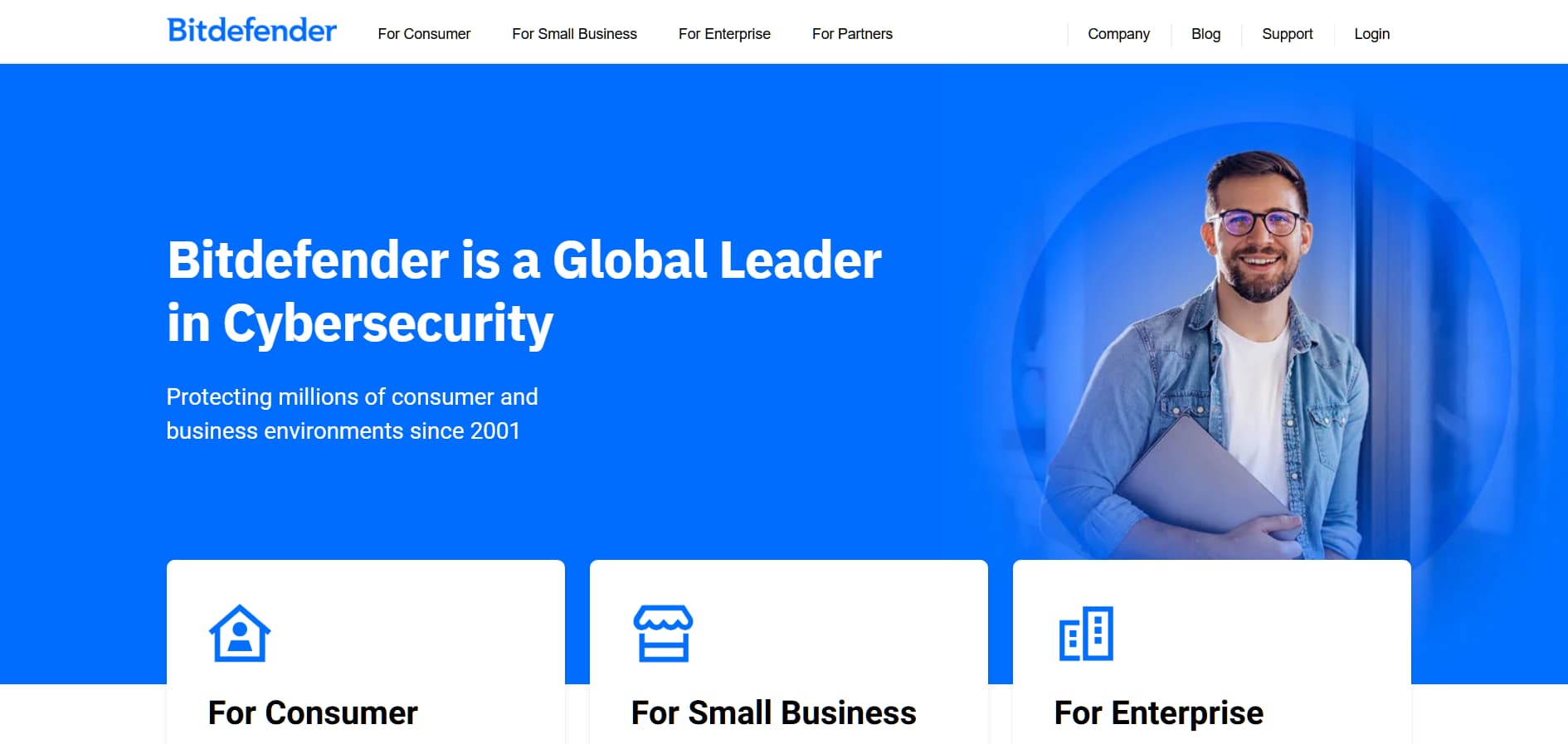“Bitdefender global cybersecurity homepage banner promoting global cybersecurity leadership for consumers and enterprises”