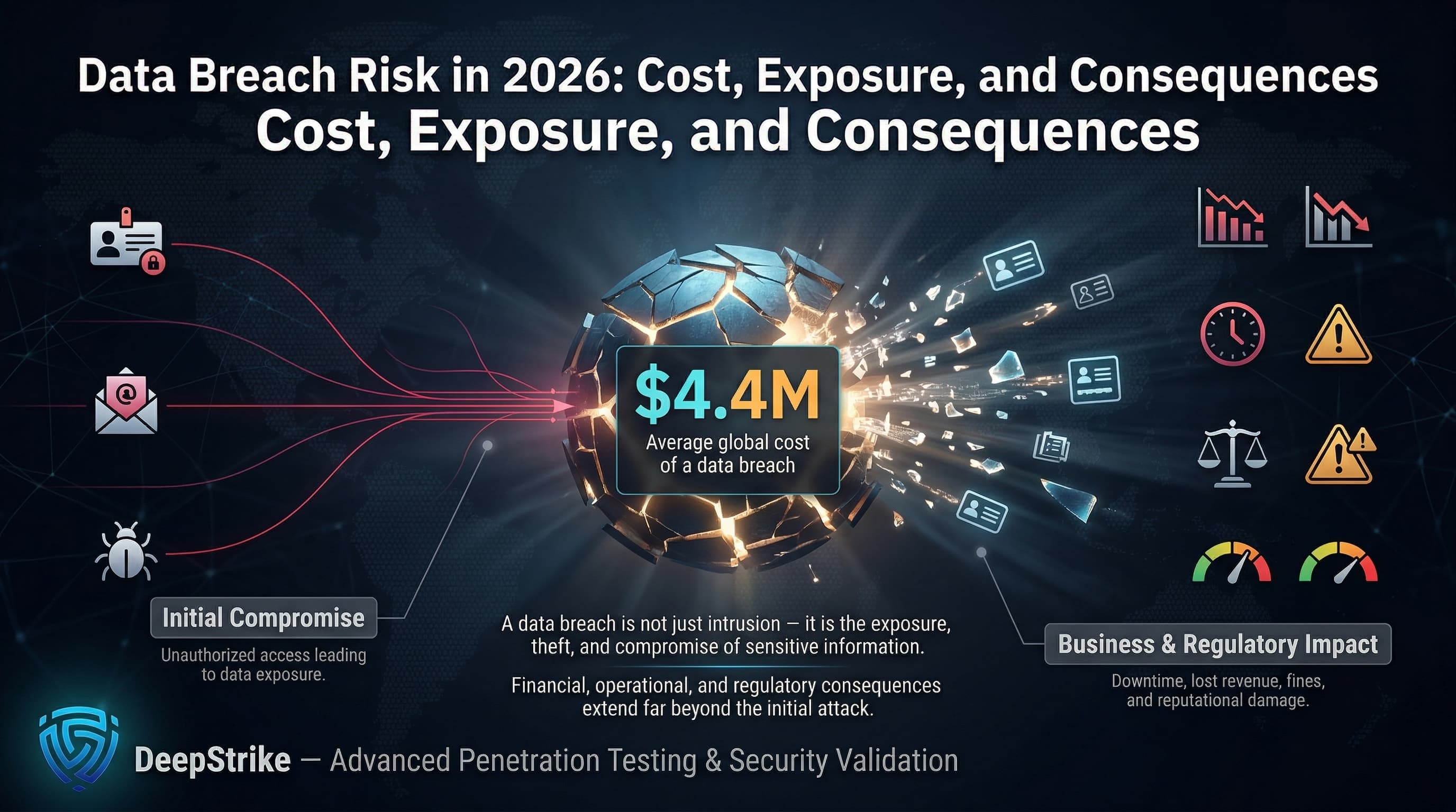 “A cybersecurity visualization shows a central data vault leaking sensitive information, with attack paths entering from one side and financial, operational, and regulatory impacts displayed on the other. A statistic highlights the average cost of a data breach.”