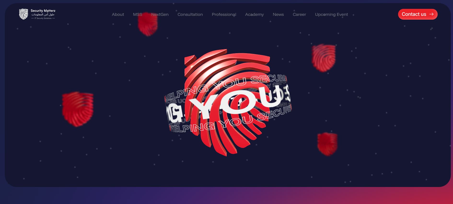 Security Matterz Saudi Arabia cybersecurity website with animated red fingerprint logo and tagline “Helping You Secure,” on a dark starry background.
