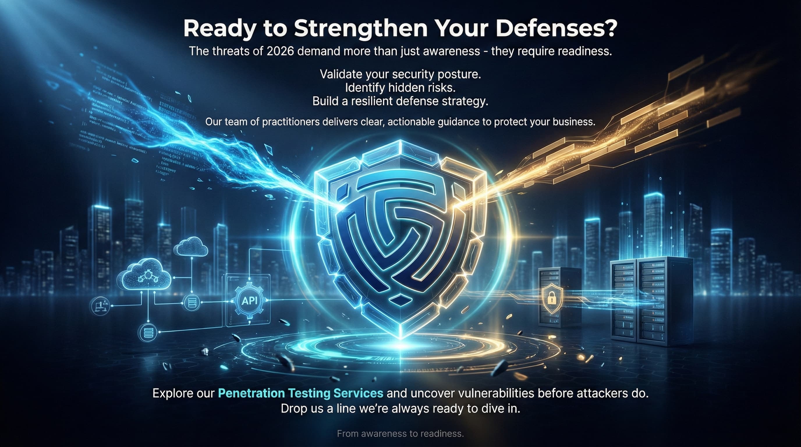 “A cinematic dark-blue digital landscape shows the DeepStrike logo at the center of a glowing hexagonal shield. Blue and amber energy streams merge into the logo, activating the shield and stabilizing surrounding infrastructure. Text emphasizes cybersecurity readiness in 2026 and invites viewers to explore penetration testing services.”