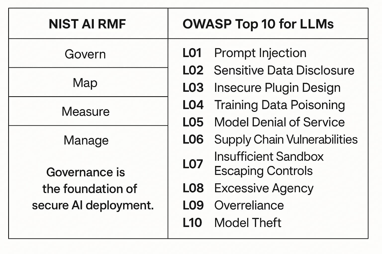 Comparison chart of NIST AI Risk Management Framework and OWASP Top 10 for Large Language Models.