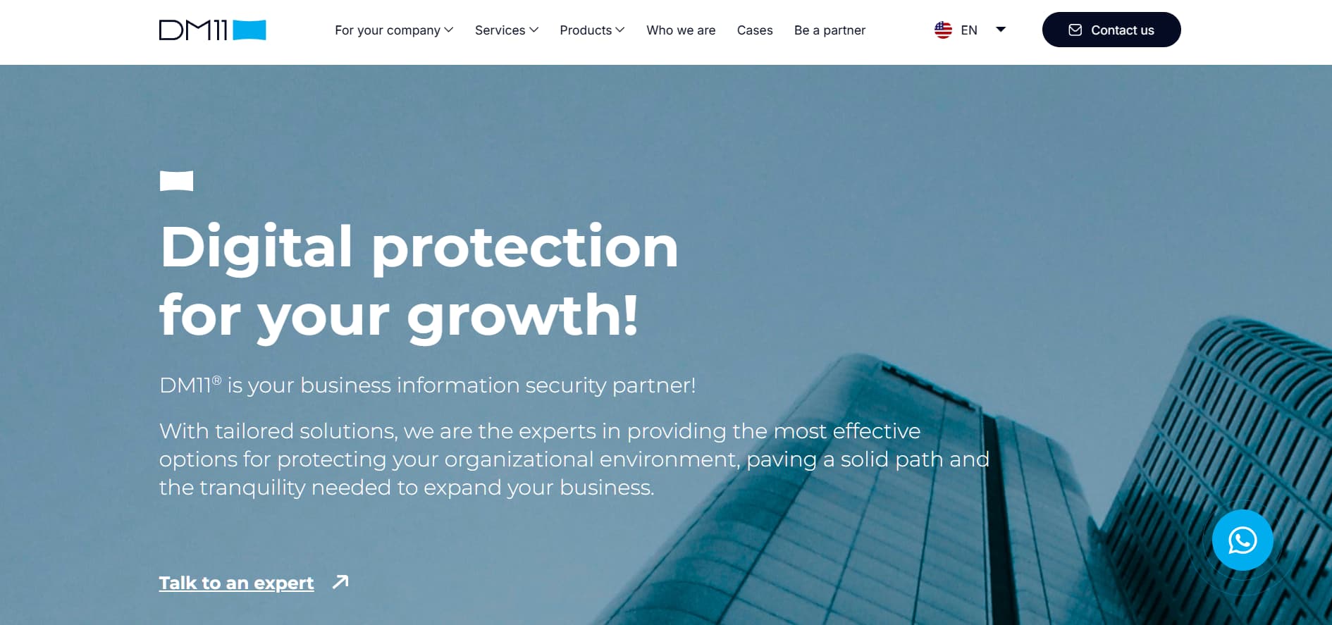 “DM11 information security website hero with modern skyscraper background and ‘Digital protection for your growth’ headline.”