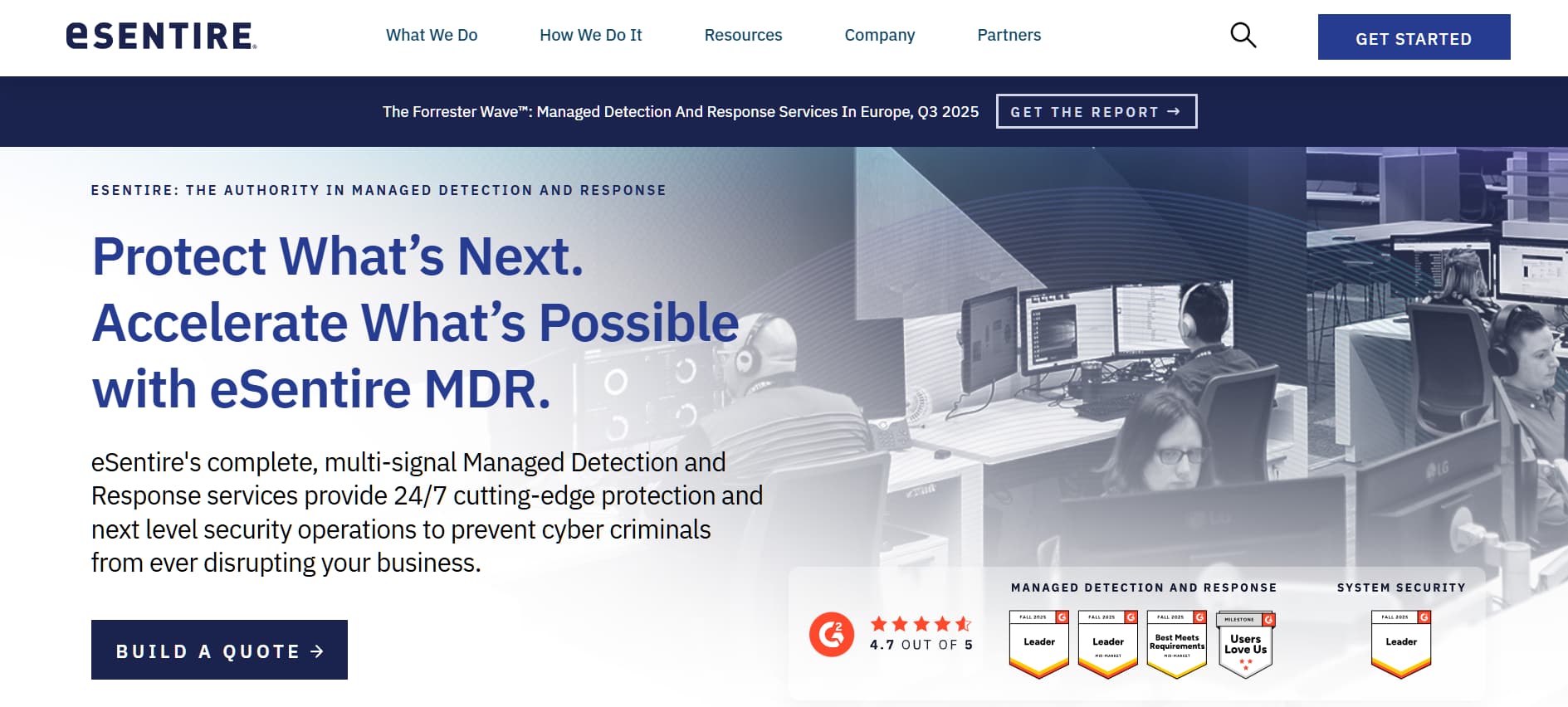 "eSentire cybersecurity homepage highlighting 24/7 Managed Detection and Response (MDR) services, featuring security analysts in a SOC environment and industry recognition badges for system security leadership."