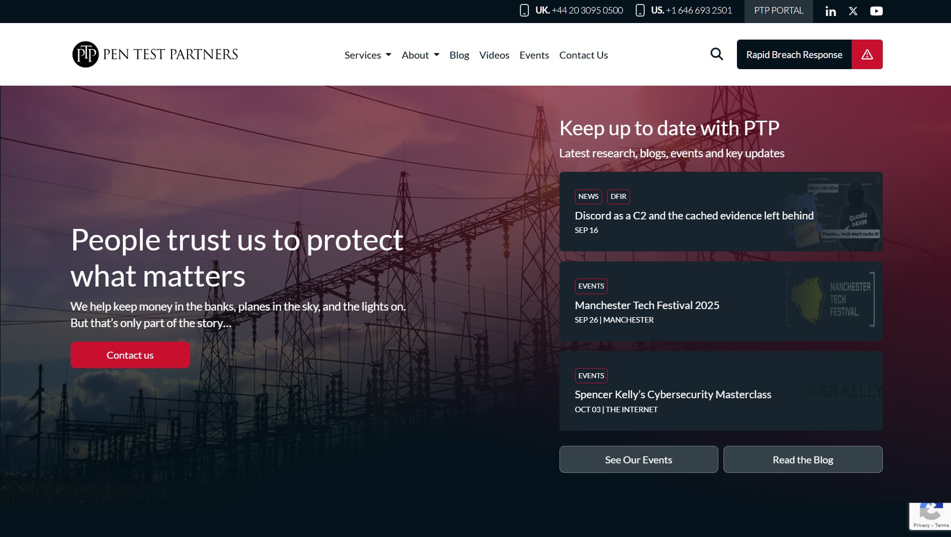 Pen Test Partners website promoting penetration testing services and Manchester Tech Festival 2025