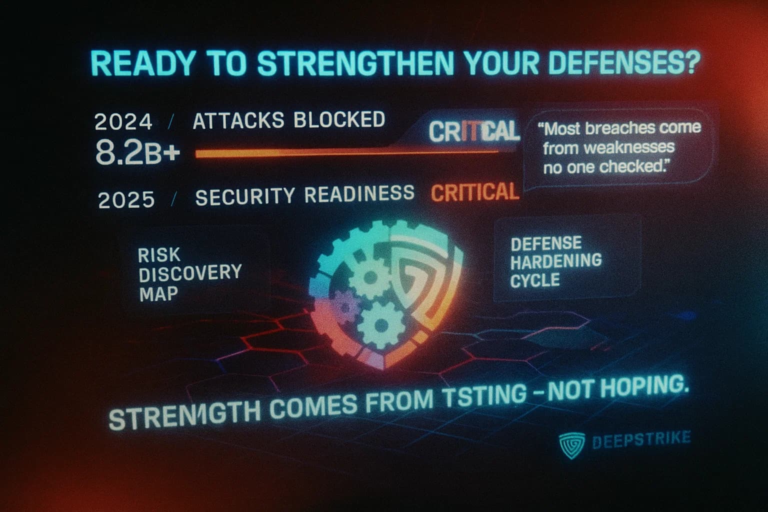 “ALT TEXT: A glowing cyber-defense interface shows rising global threat numbers, animated attack paths, and strengthening defense systems, visualized through neon grids, scanning beams, and protective overlays.”