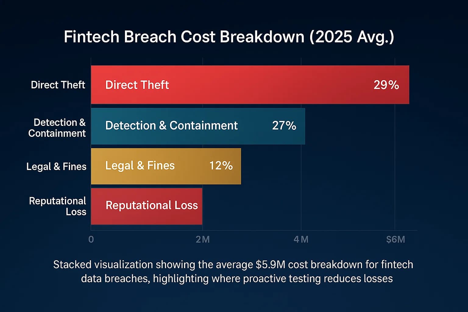 Infographic showing a financial “risk waterfall” from direct losses to reputational impact, with DeepStrike’s blue-gold defense line reversing breach costs through proactive security testing.