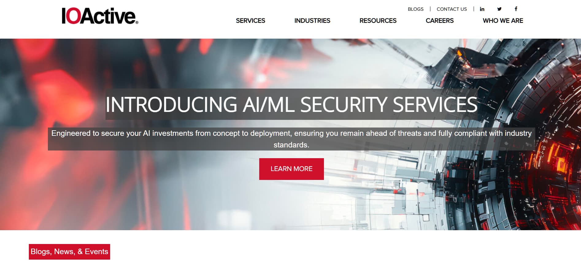 “IOActive website banner introducing ‘AI/ML Security Services,’ featuring a futuristic abstract machine graphic in red and gray tones.”