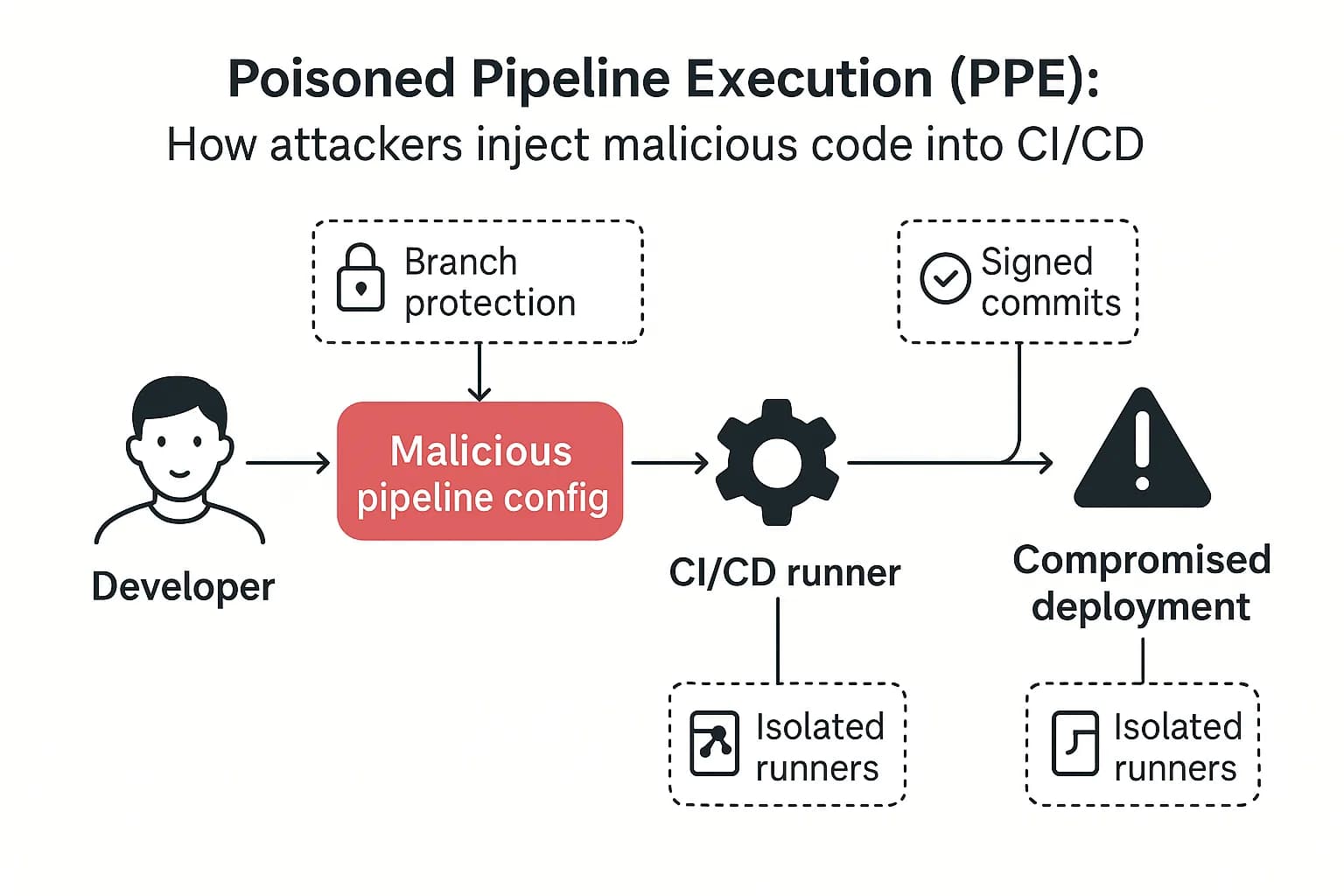 Diagram showing PPE attack chain with prevention measures such as branch protection and signed commits.