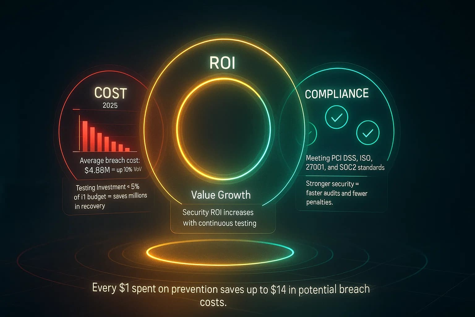 “A futuristic holographic dashboard displays three interconnected rings labeled Cost, ROI, and Compliance. Red bars representing breach losses shrink, while golden ROI curves rise. Compliance icons glow green as the three elements merge into one radiant sphere — symbolizing strategic cybersecurity balance.”
