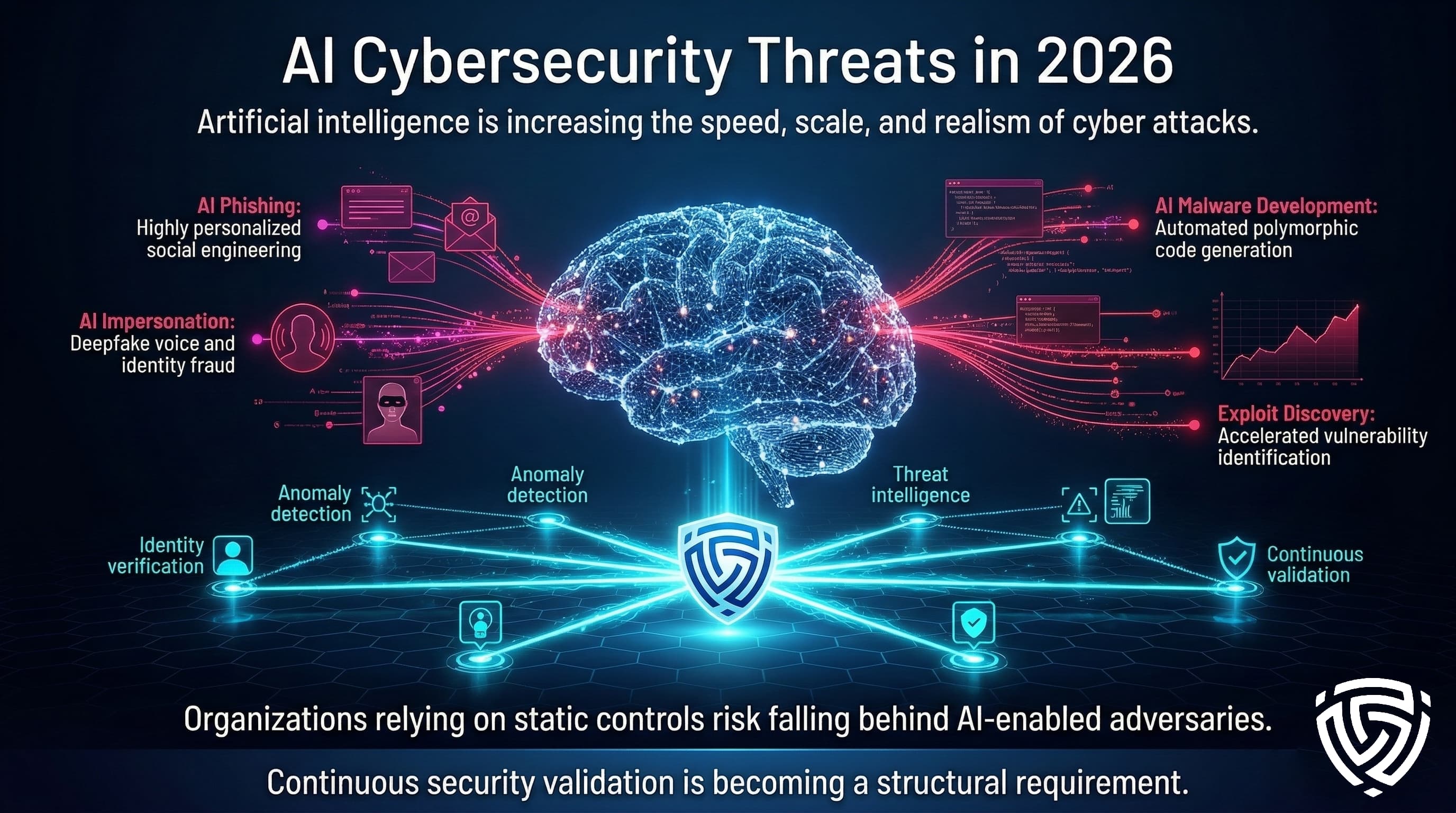 “A futuristic digital network representing artificial intelligence spreads across a dark blue background while red attack signals branch into phishing, malware, and exploit discovery paths. A cyan defensive grid forms below with the DeepStrike logo at its center, symbolizing continuous cybersecurity validation.”