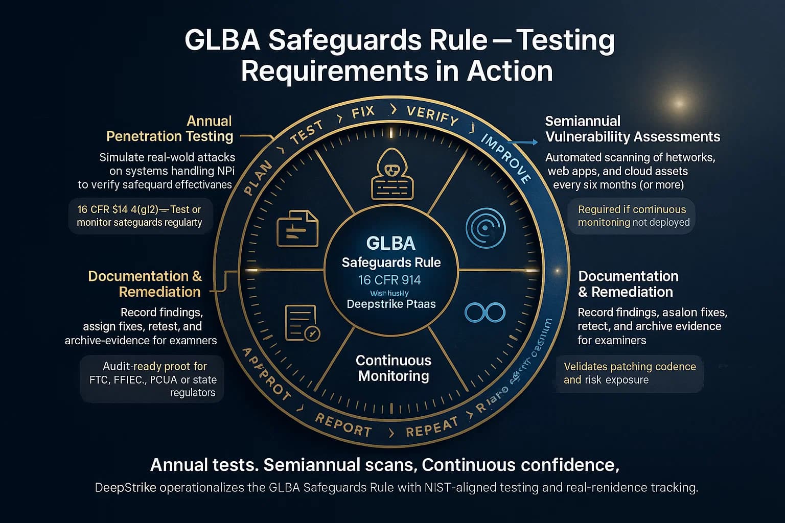 Infographic showing a circular compliance cycle with four quadrants: annual penetration testing, semiannual vulnerability assessments, continuous monitoring, and remediation / documentation — aligned with GLBA 16 CFR 314 Safeguards Rule requirements.