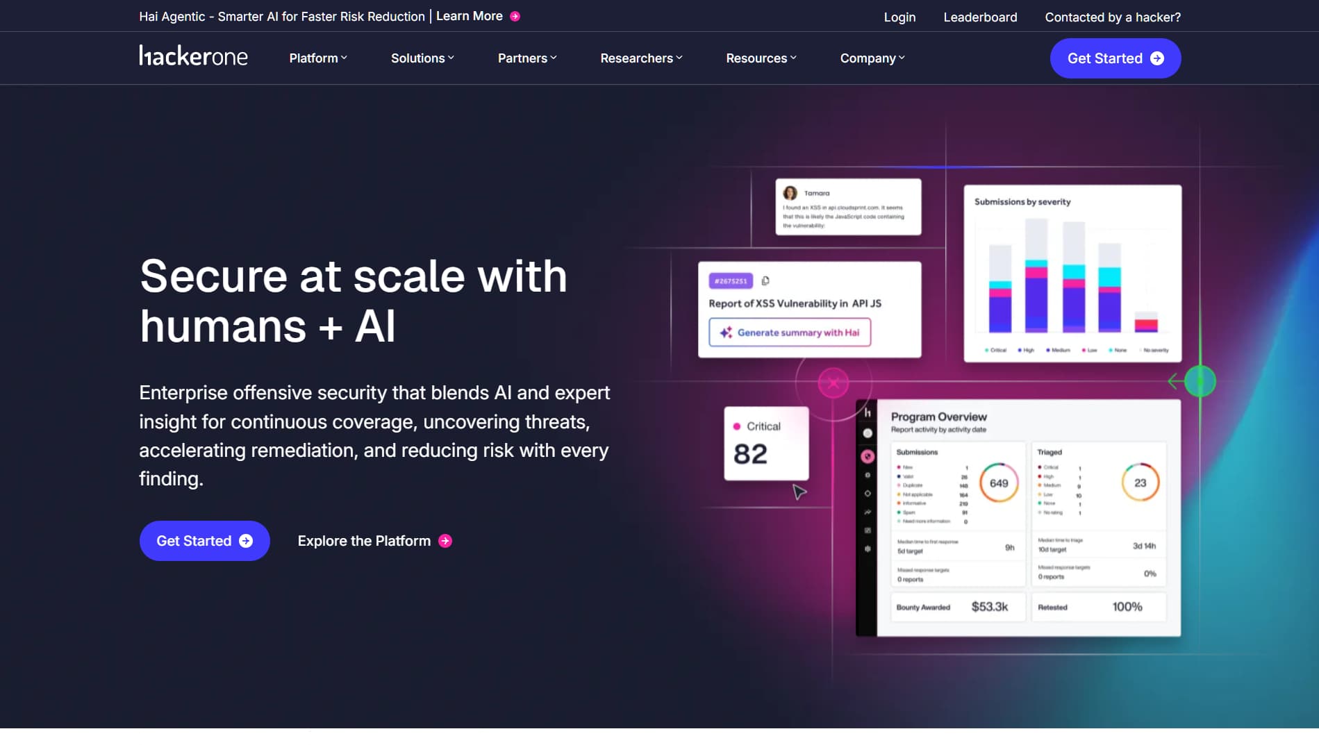 Homepage of HackerOne featuring dark purple gradients and UI-style cards showing vulnerability data, with text ‘Secure at scale with humans + AI’ promoting hybrid offensive security.