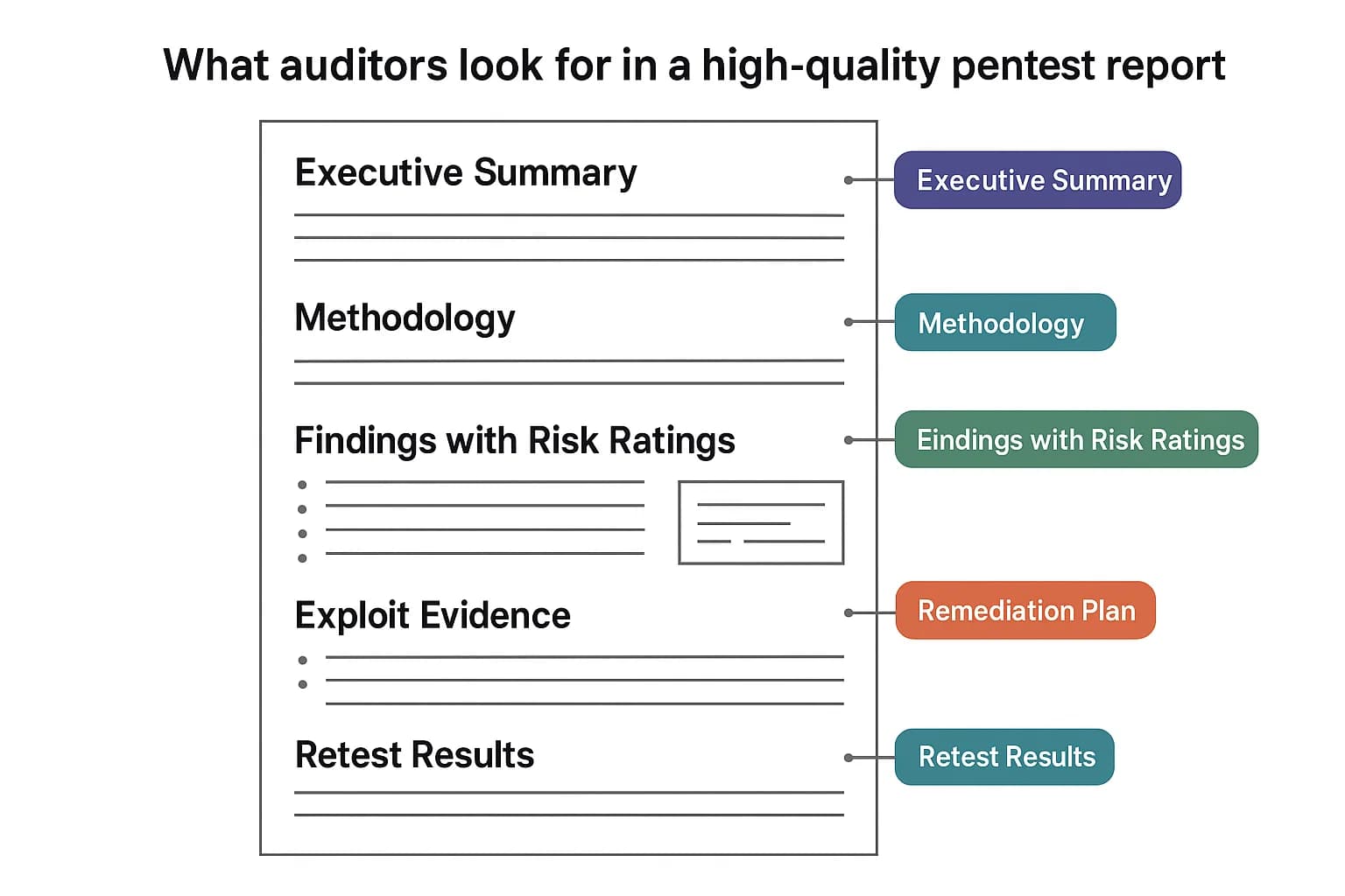 Annotated penetration test report layout highlighting executive summary, findings, evidence, and remediation tracking