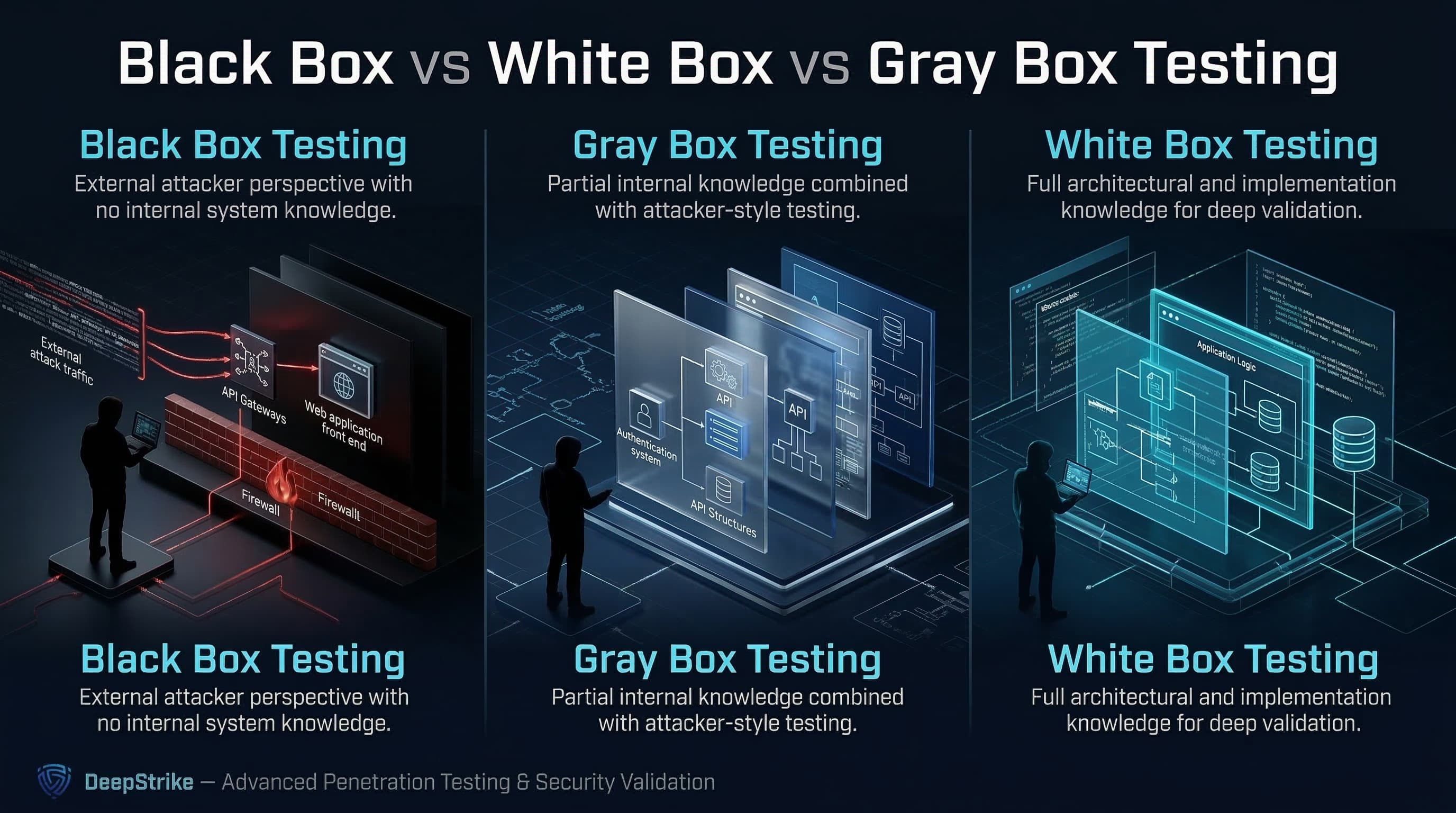 “A cybersecurity diagram shows three penetration testing models: black box testing with external attack traffic and hidden system internals, gray box testing with partially visible architecture layers, and white box testing with full visibility into code and internal system components.”