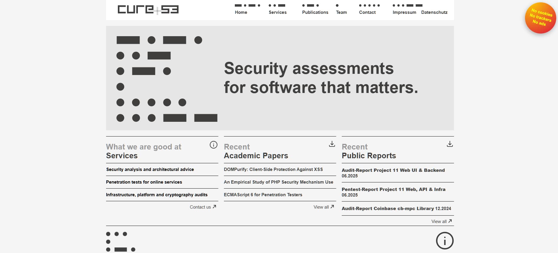 cure53 homepage – Clean, technical layout promoting security assessments for critical software.