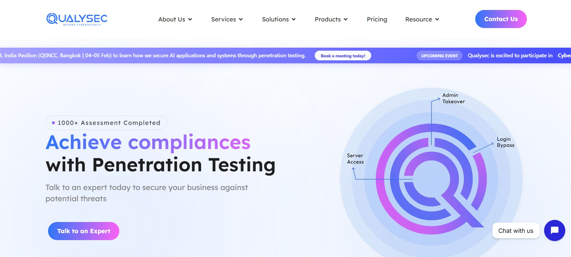 Light-themed cybersecurity landing page with purple and blue graphics, headline “Achieve compliances with Penetration Testing,” circular diagram on the right, and a “Talk to an Expert” button.